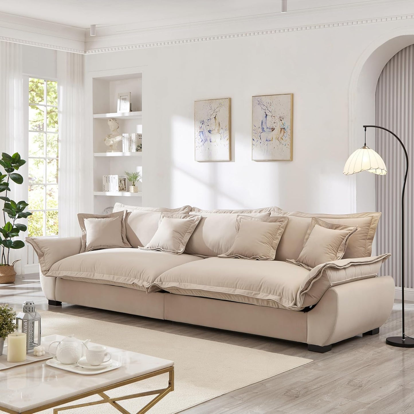 126 Inch Sailing Design Modular Sectional Cloud Sofa with Storage, Modern Deep Seat Couch w/Throw Pillows & Removable Backrest for Living Room Bedroom Apartment,Light Khaki