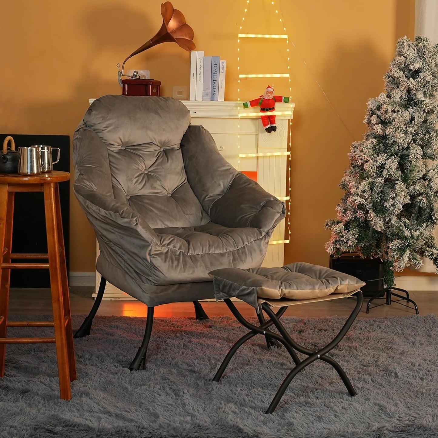 Lazy Chair with Folding Ottoman,Living Room Chairs, Accent Contemporary Lounge Chair, Single Steel Frame Leisure Sofa Chair with Armrests and A Side Pocket (Light Gray)