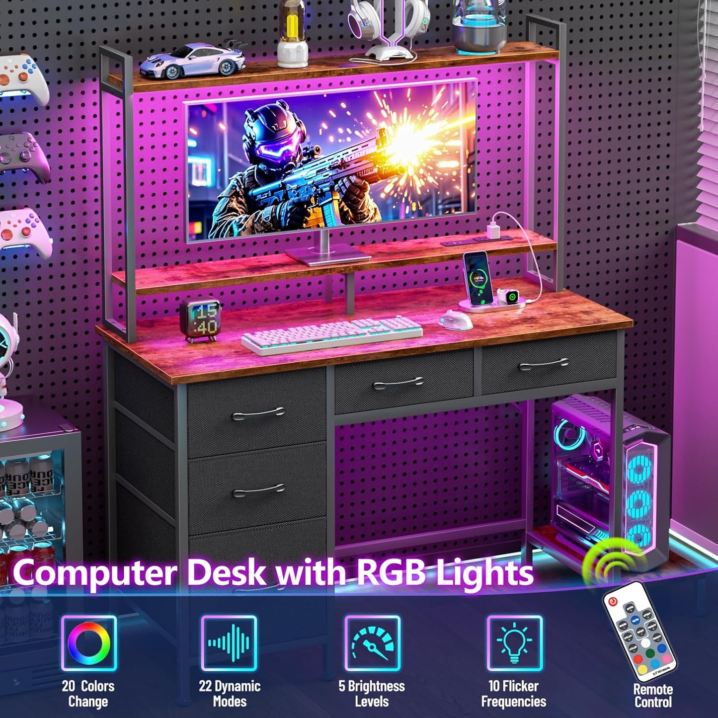 Computer Gaming Desk with Hutch, Home Office Desk with Power Outlets, LED Light, 5 Storage Drawers, 2 Tiers Shelves for Display, 39 Inch Modern Study Writing Table for Bedroom, Rustic Brown