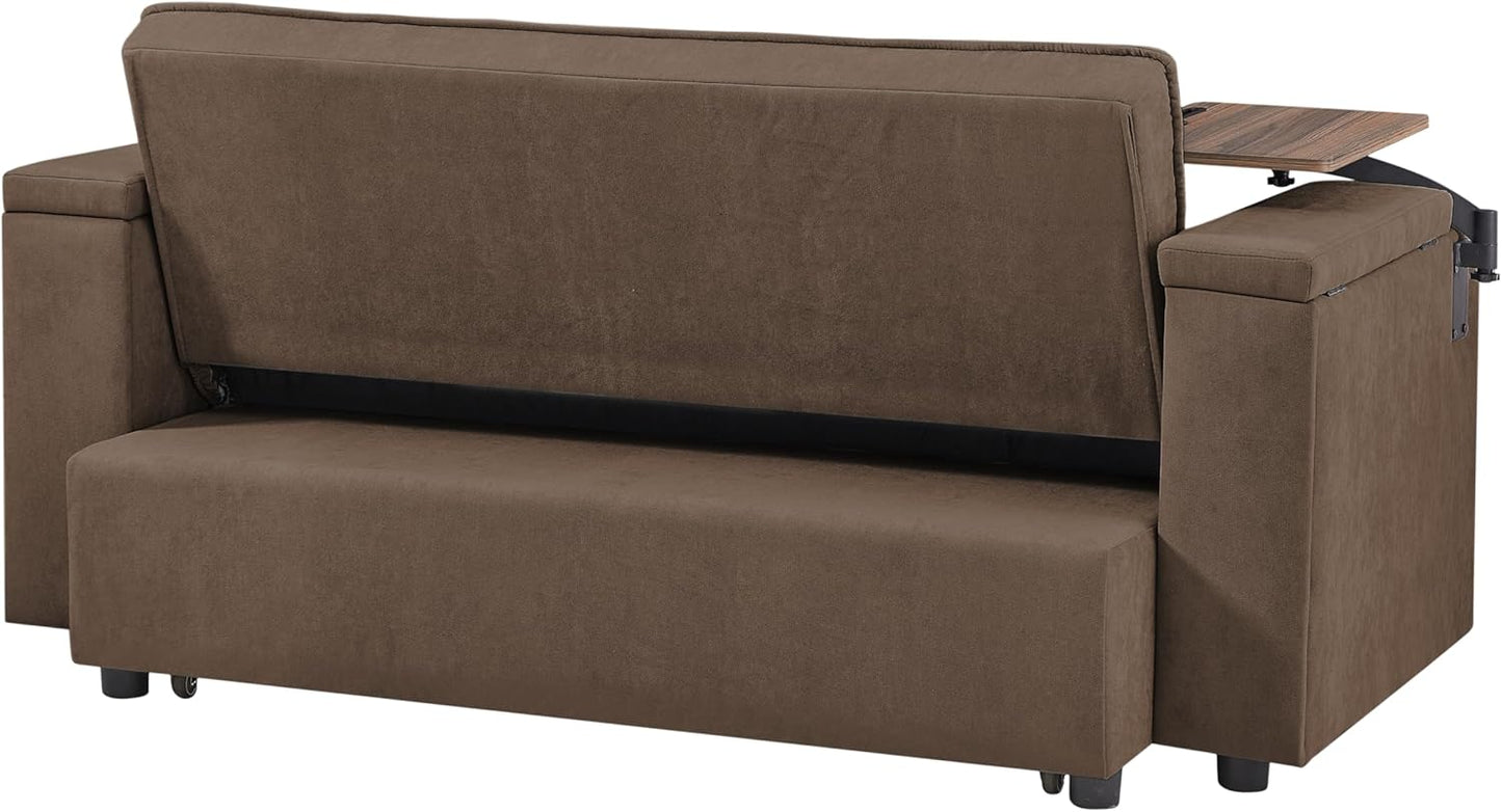 65-inch Multifunctional Loveseat Pull Out Sleeper Sofabed W/Cupholders, Oversized 3-in-1 Convertible Love Seat with Pull-Out Sleeper Couch Bed, Storage, USB Ports, Side Table for Living Room Bedroom