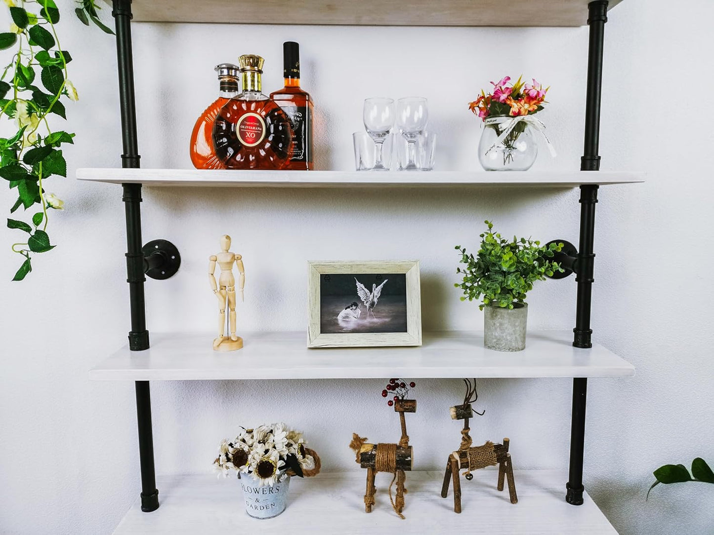 6 Tier Industrial Ladder Shelf Bookcase, Wall Mounted Rustic Bookshelf for Living Room Decor and Storage (White, 6 Tier - 10" D x 36" W x 82.5" H)