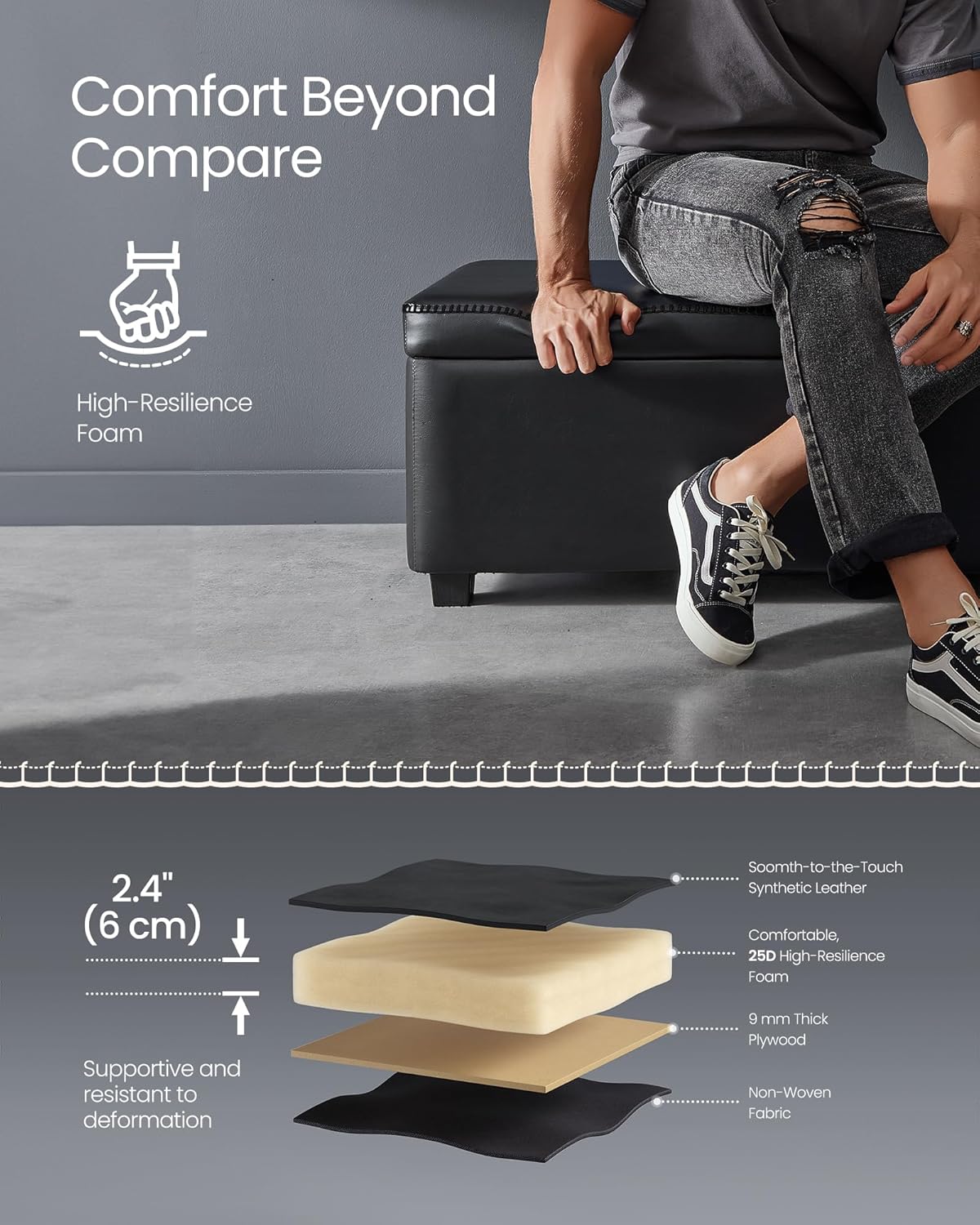 VASAGLE EKHO Collection - Storage Ottoman Bench, Entryway Bedroom Bench, 25 Gallons, Synthetic Leather with Stitching, Mid-Century Modern, Safety Hinges, Loads 660 lb, Ink Black ULOM075B01