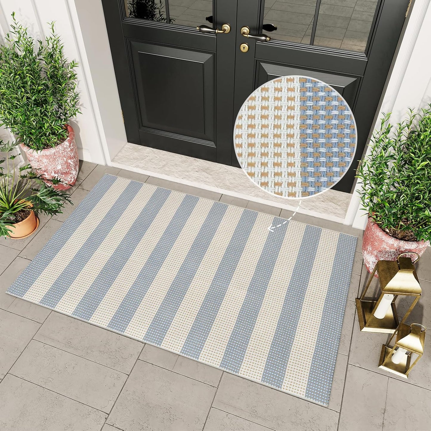 OJIA Washable Outdoor Rug 3'x5', Blue/White/Tan Outdoor Area Rug Entryway Rugs Indoor Door Mat Front Porch Rug Cotton Small Checkered Rug Floor Carpet for Entry/Patio/Bedroom/Living Room