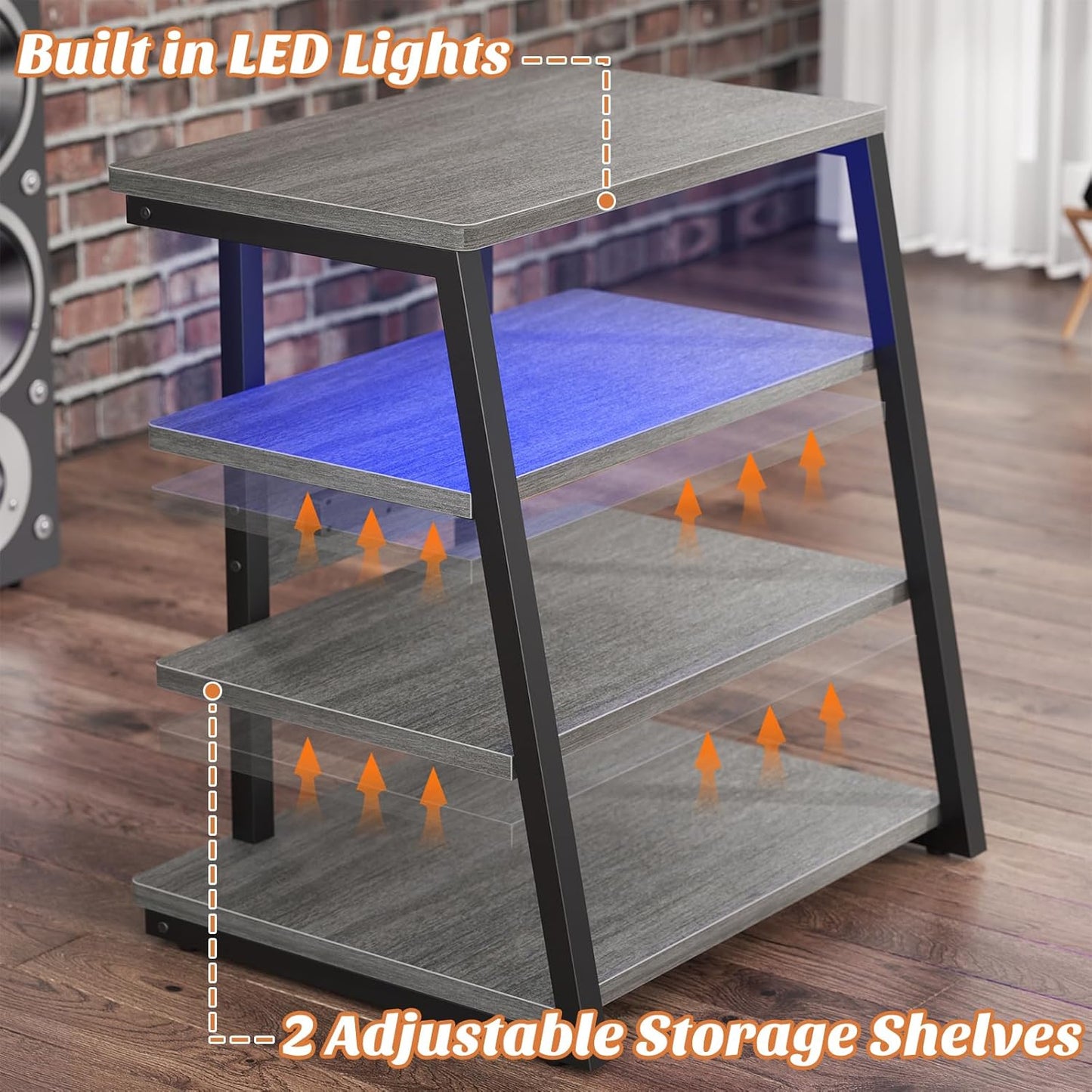 AV Media Stand with Outlets, Media Console with LED Lights, Stereo Racks and Stands with Storage Shelves, Media Audio Tower Stand, Light Grey Walnut