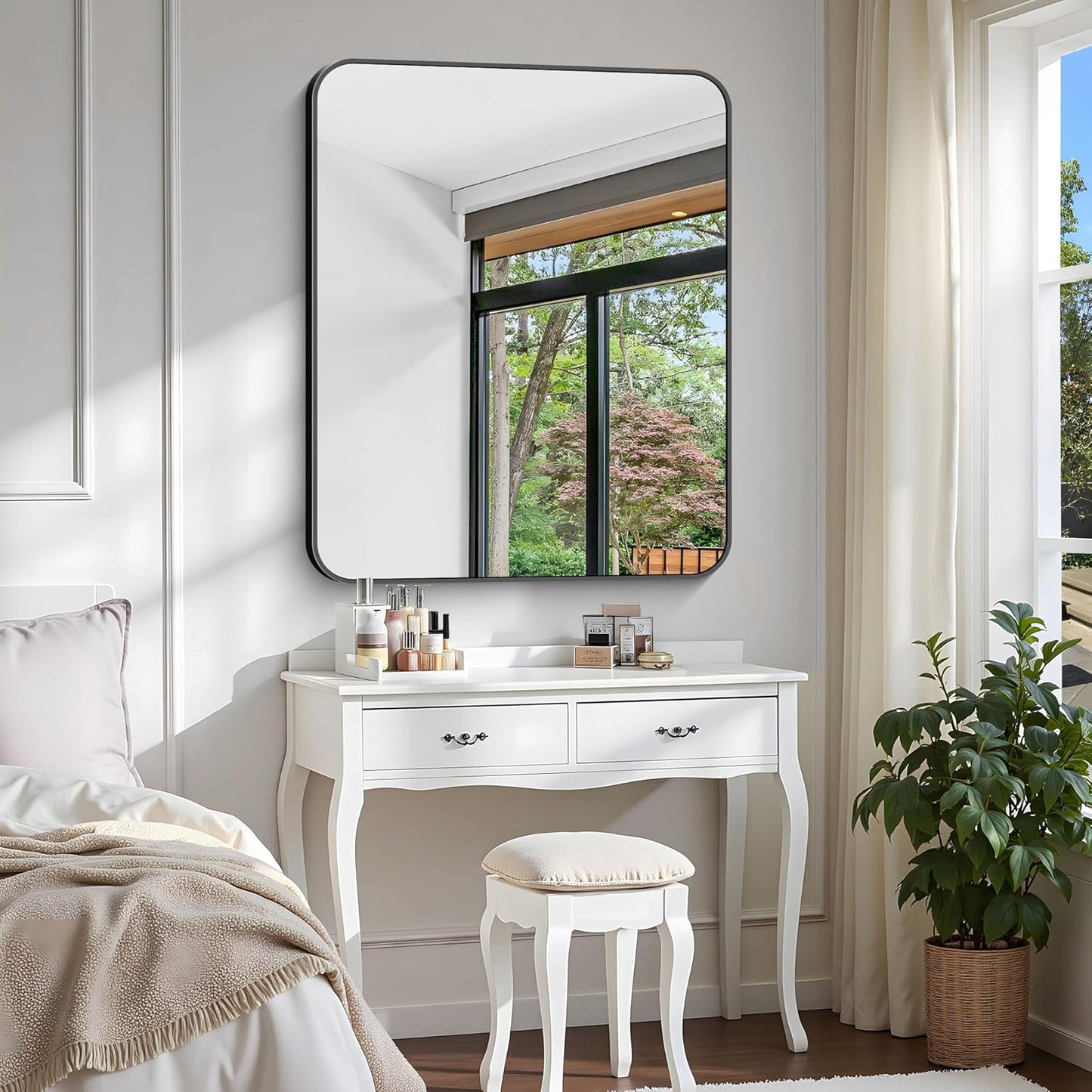 Bathroom Mirror, 36 x 30 inch Metal Framed Black Rectangle Mirror, Rounded Corner Rectangular Vanity Mirror, Wall Mounted Mirror for Modern Bedroom Living Room Hangs Horizontal or Vertical