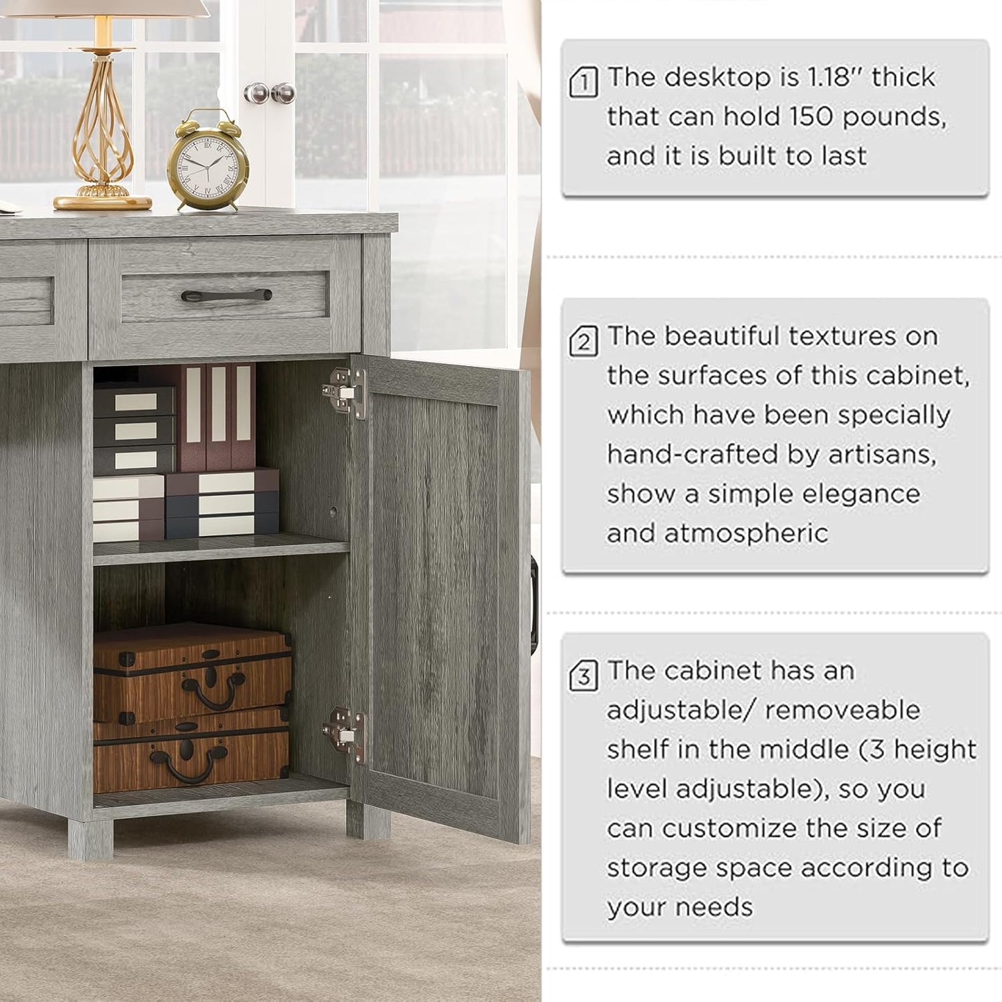 Farmhouse 47" Executive Desk, Computer Desk with 2 Drawers and Storage Cabinet, Home Office Desk with Hutch, Charging Hub, Workspace for Work and Study, Gray