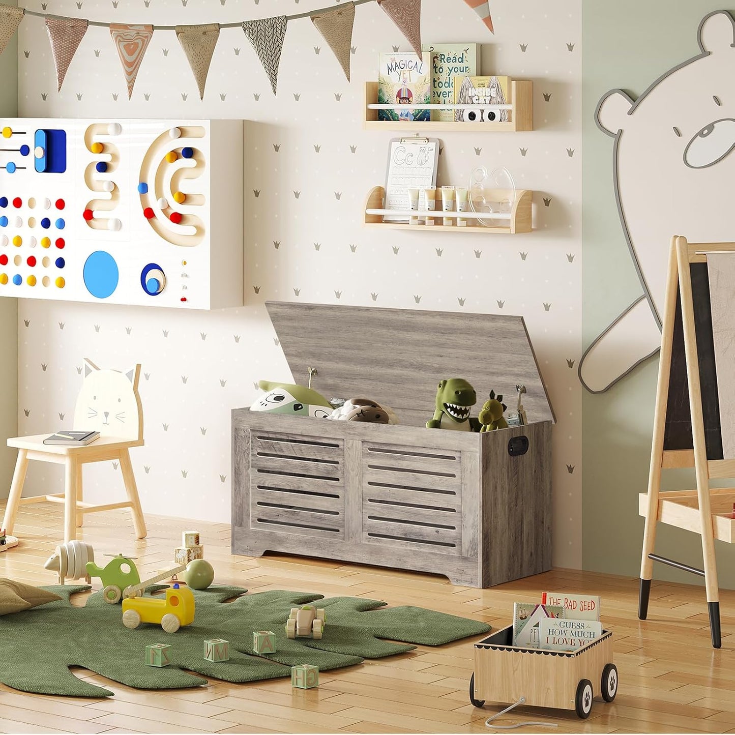 DINZI LVJ Storage Chest, 39.4”Wooden Toy Box with 2 Safety Hinges, Retro Entryway Shoe Storage Bench with Flip-Top, Sturdy Large Storage Trunk for Living Room, Bedroom, Easy Assembly, Greige