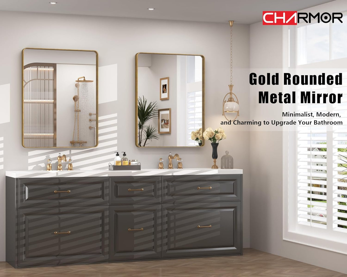 28x32 Gold Bathroom Mirror, Rounded Rectangle Gold Frame Mirror, Brushed Gold Brass Bathroom Vanity Mirror Wall-Mounted, Anti-Rust, Hangs Horizontally or Vertically