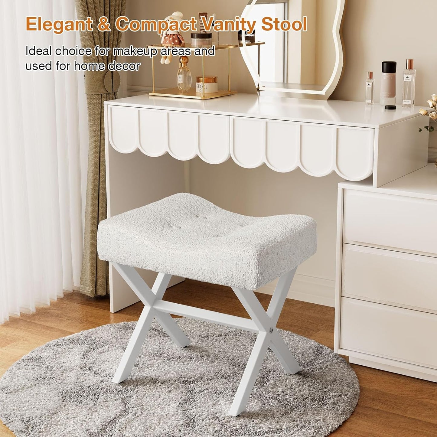 18-Inch Large Vanity Stool Chair, Vanity Bench with Metal X-Legs, Ottoman Foot Stool with Breathable and Soft Boucle Fabric Saddle Seat, White
