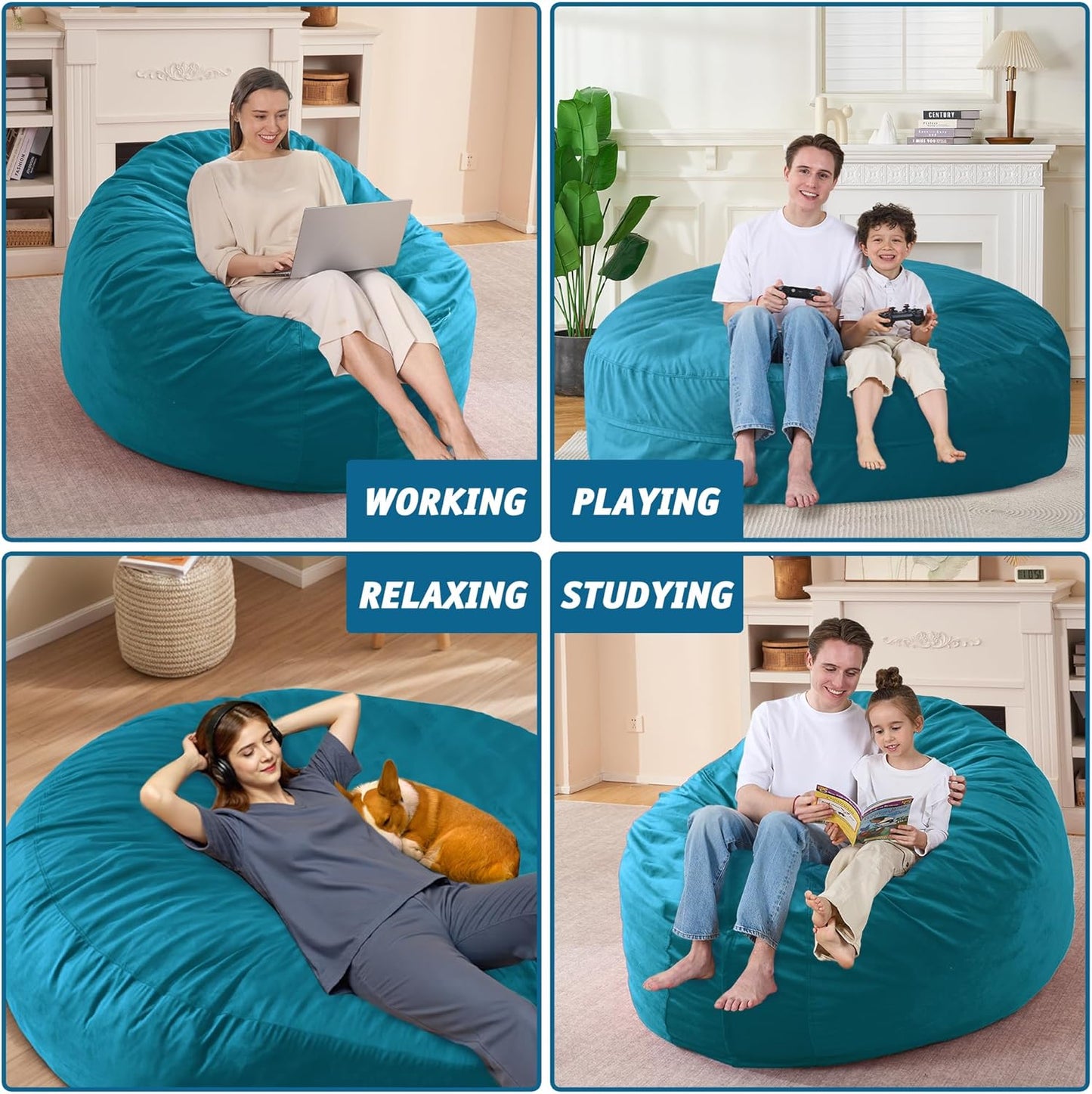 7FT Bean Bag Chair with Ultra Soft Velvet Cover Bean Bag Sofa with Memory Foam Bean Bag Chairs with Large Size Lazy Sofa for Dorm Office Living Room Bedroom Sea Blue 7'