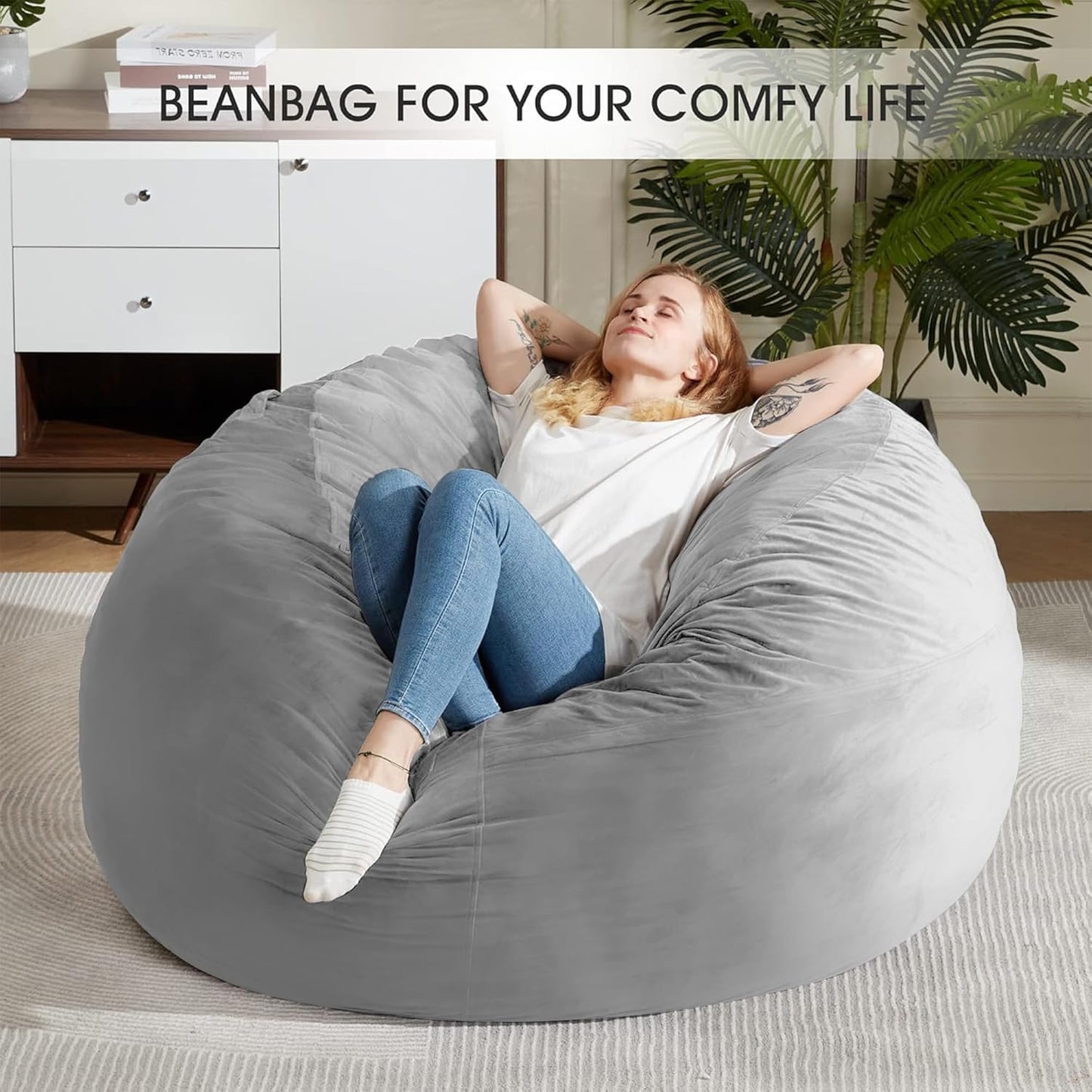 HABUTWAY Bean Bag Chair: Giant 5' Memory Foam Furniture Bean Bag Chairs for Adults with Microfiber Cover 5Ft (Light Grey)