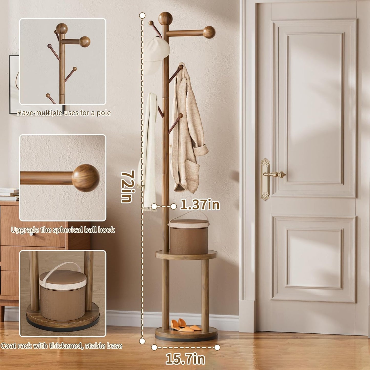 Solid Wood Rotary Coat Rack, Freestanding 360° Swivel Coat Rack with Heavy-Duty Base, 8 Hooks & 2-Tier Shelves for Entryway, Bedroom, Office, Standing Coat Tree for Jackets, Hats, Bags (Walnut)