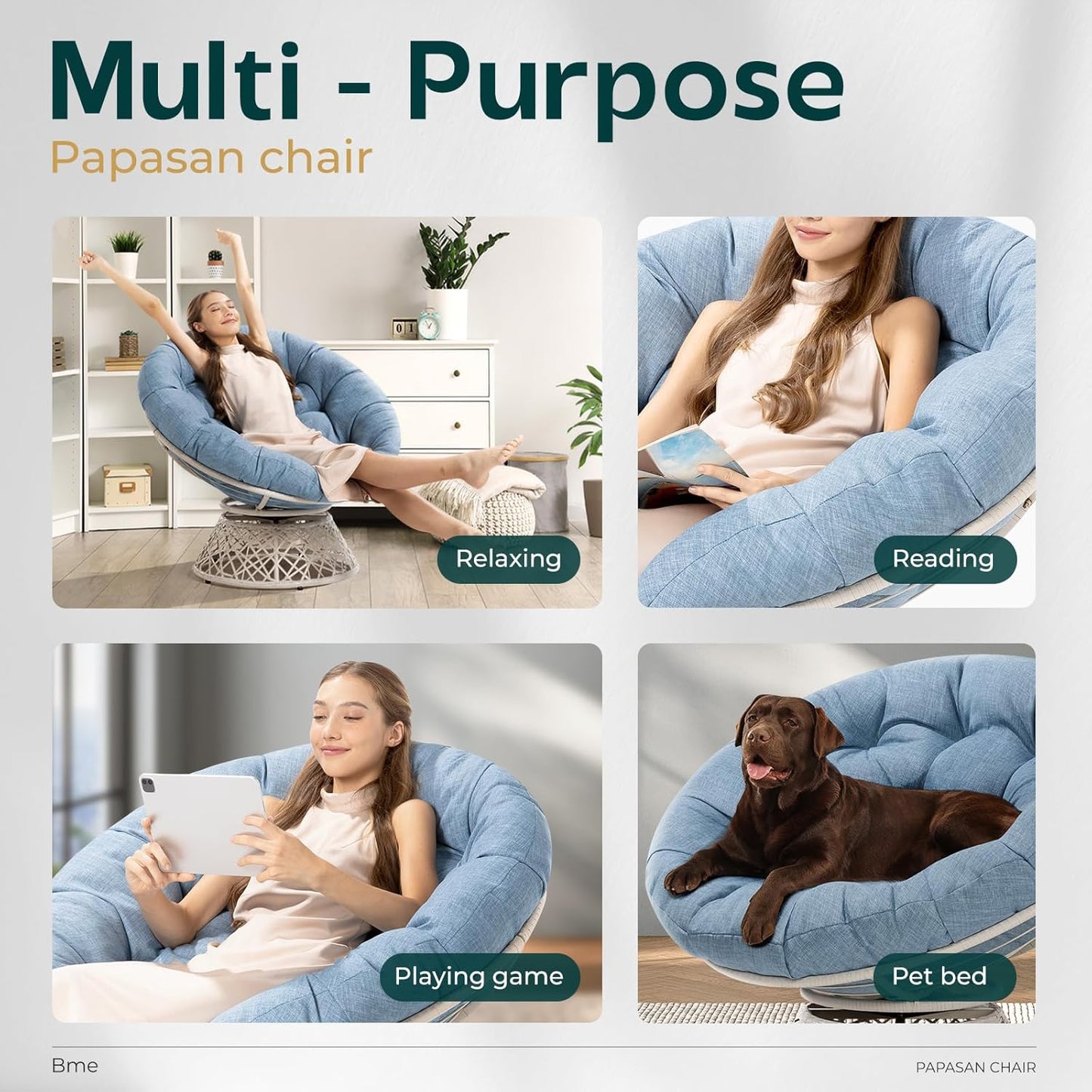 Bme 40" Ergonomic Wicker Papasan Chair with Soft Thick Density Fabric Cushion, High Capacity Steel Frame, 360 Degree Swivel for Living, Bedroom, Reading Room, Lounge, Serene Oasis - White Base