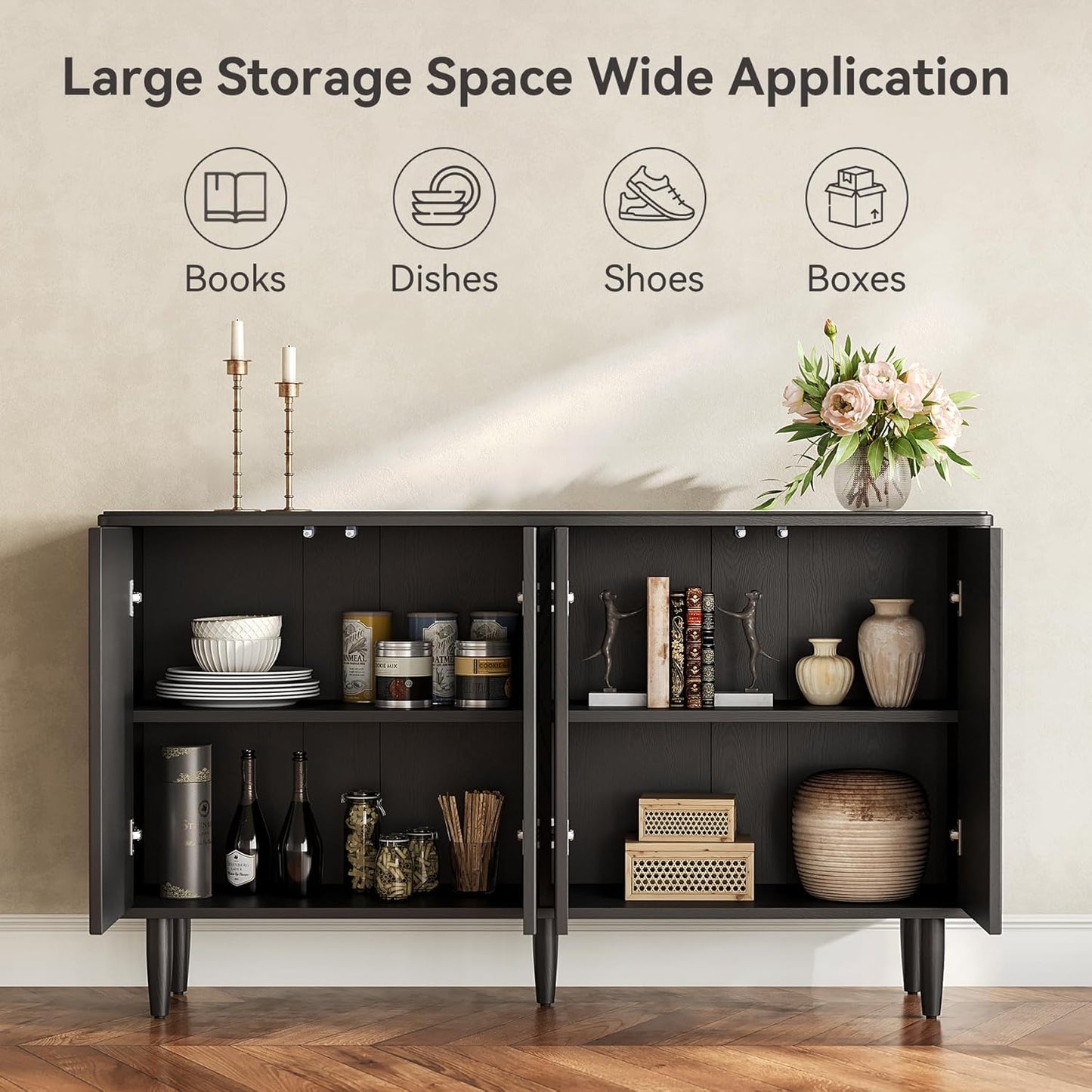 LITTLE TREE 59-Inch Buffet Cabinet Sideboard with Storage, Modern Sideboard Buffet Table with Doors for Living Room, Dining Room (Black)