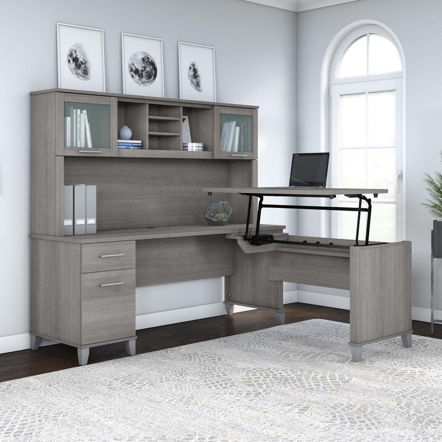 Bush Furniture Somerset 72W 3 Position Sit to Stand L Shaped Desk with Hutch in Platinum Gray | Adjustable Height Table for Office