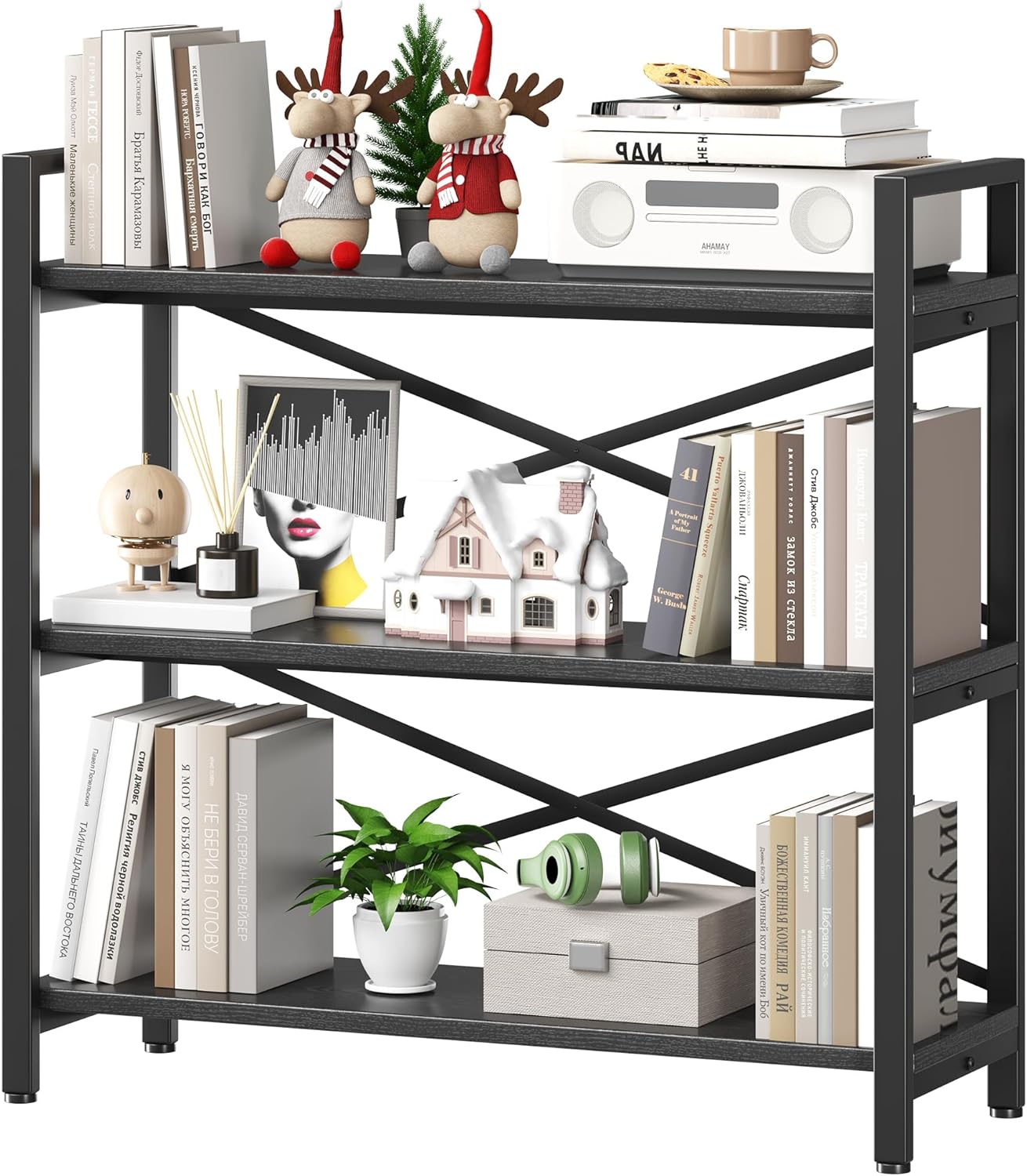 Homeiju 3 Tier Bookshelf 31.49" Width, Wood and Metal Etagere Bookcase, Vintage Farmhouse Modern Wooden Big Book Shelf for Home Living Room Bedroom Office Storage(Black)
