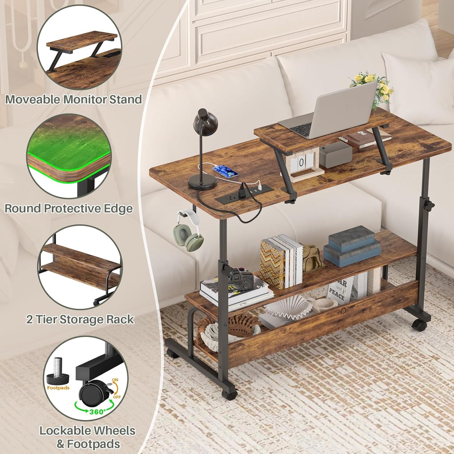 Height Adjustable Standing Desk with Power Outlets and LED Lights - 39" Manual Stand Up Desk with Monitor Stand and Storage Shelves Small Mobile Rolling Computer Desk Portable Laptop Table, Rustic