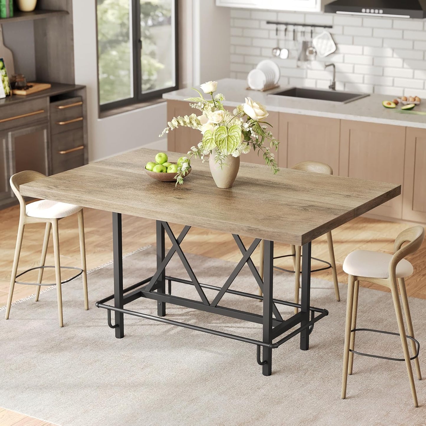 LITTLE TREE 63-Inch Industrial Bar Table with Metal Footrest, Counter Height Pub Table for Kitchen, Home Bar & Entertaining (Rustic Gray)