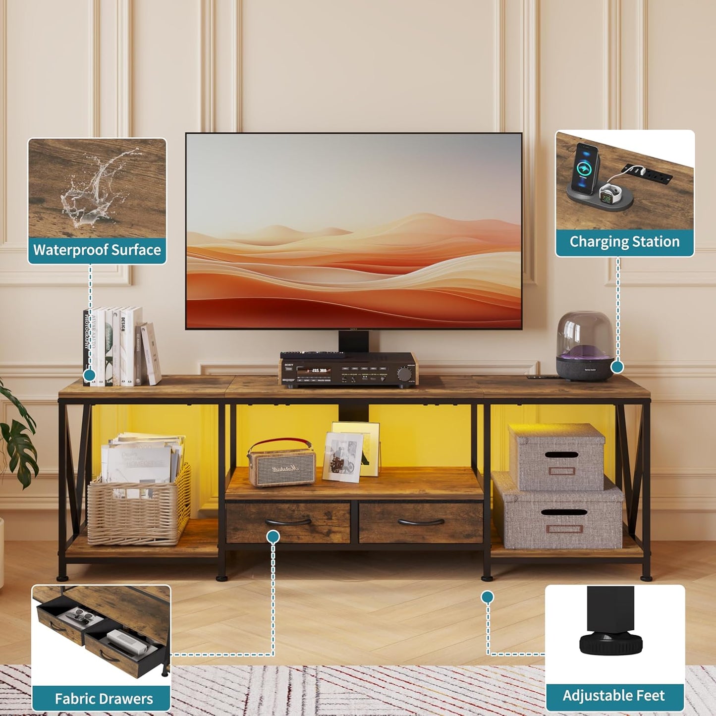 63" W TV Stand with Mount for 50,55,65,75" TV,Entertainment Center with Power Outlet and Led Lights,Height Adjustable TV Console Table with Shelves and Fabric Drawers (Rustic Brown)