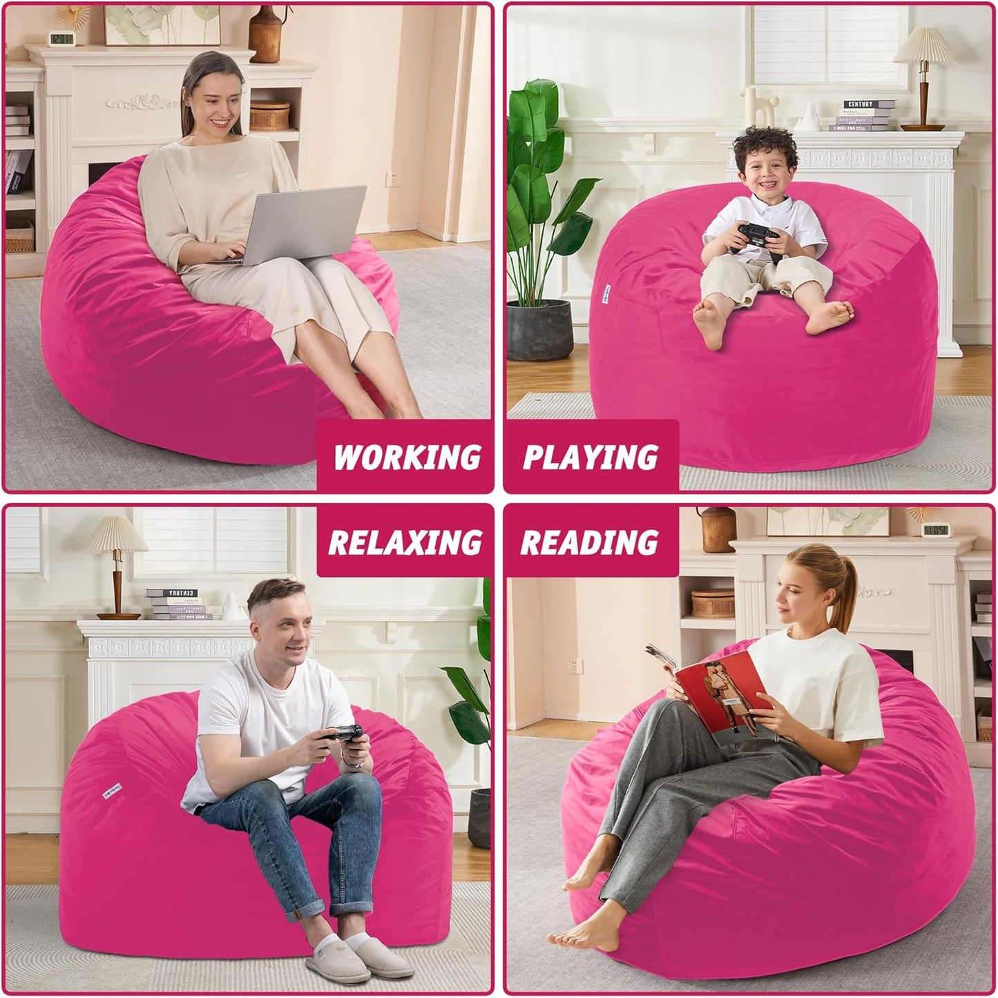 3FT Bean Bag Chair with Ultra Soft Velvet Cover Bean Bag Sofa with Memory Foam Bean Bag Chairs with Large Size Lazy Sofa for Dorm Office Living Room Bedroom Hot Pink 3'