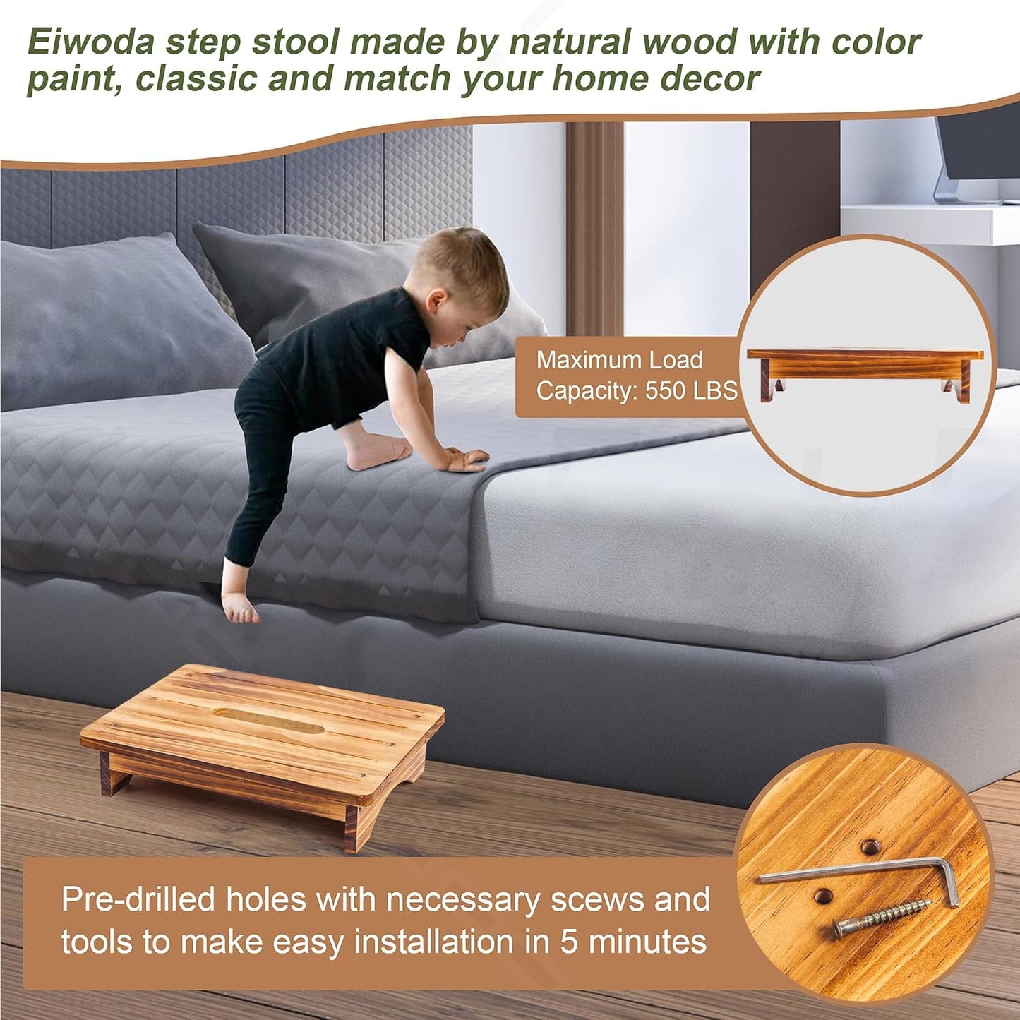 Wooden Step Stool for Adults, 3.5" Portable Wood Step for Kids, Heavy Duty One Step Bedside Stool with 550 Lbs Load Capacity, Non-Slip White Foot Stool for Kitchen Bathroom