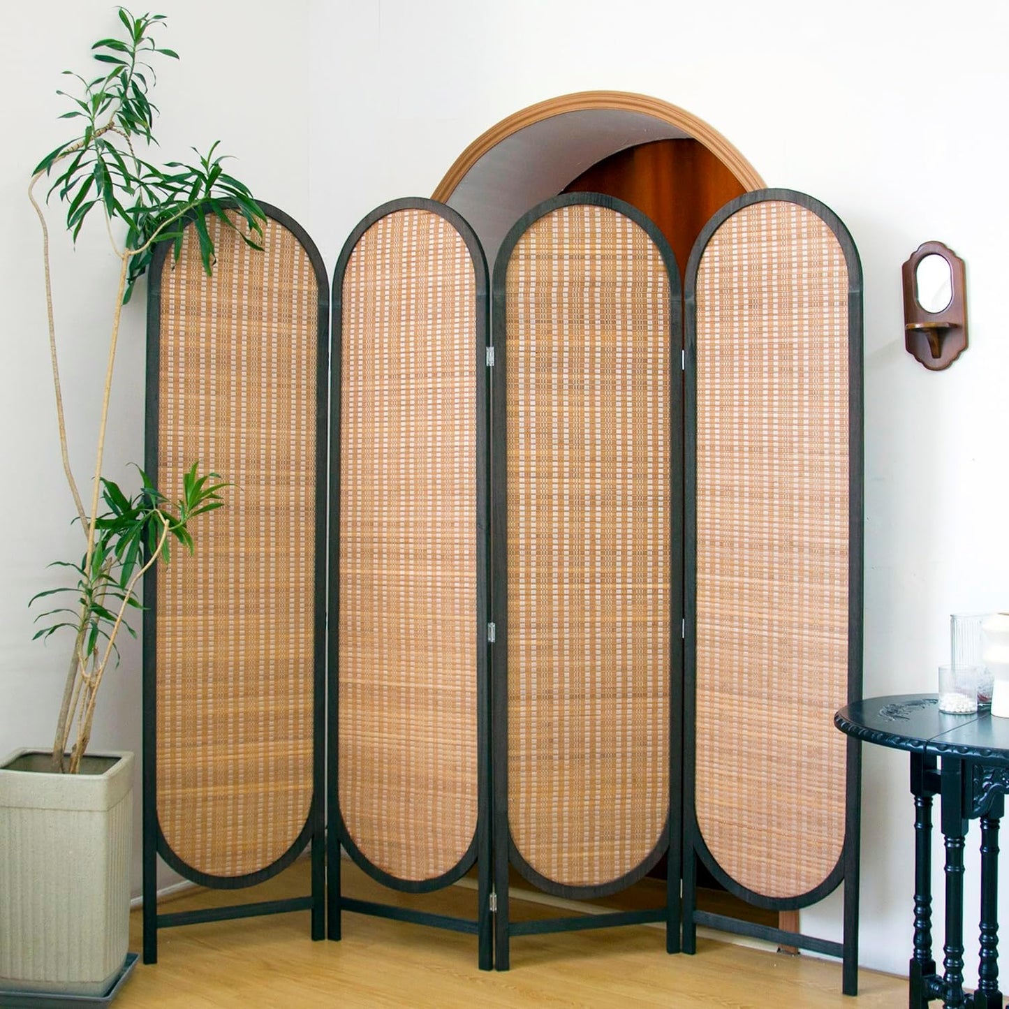 4 Panel Room Divider Screen and Folding Panel Divider in Arch Shape,Double Sided Bamboo Panel Screen for Room Separation,Brown,70.9" H x 70.9" W