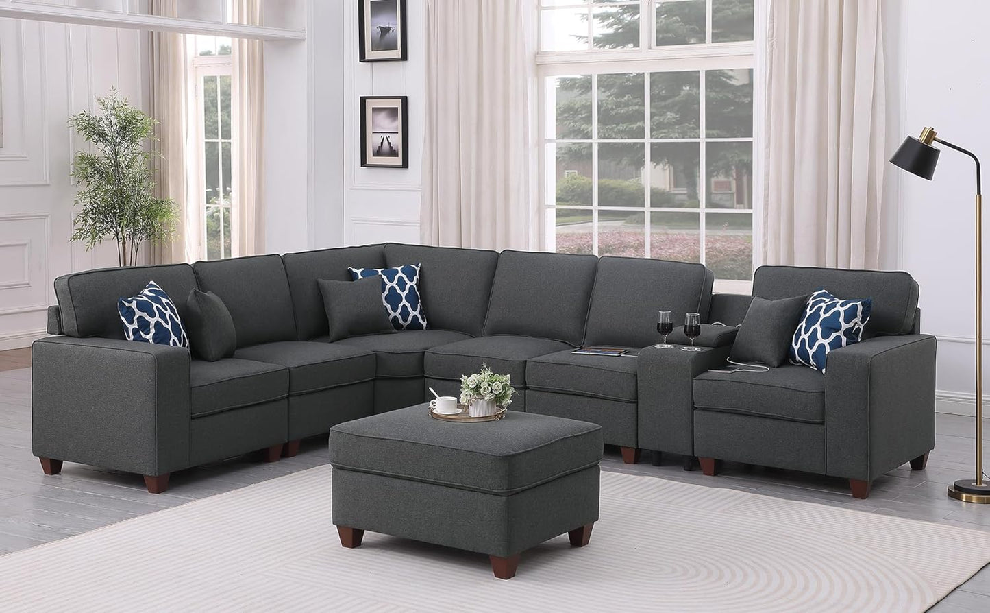 127" Modular Sectional Sofa with Movable Ottoman&Nailhead Trim Armrest,L-Shape Convertible Couch W/Cup Holder,USB Port&Hidden Storage Box,7 Seat Chenille Sectionals,6 Pillow,for Living Room,Gray