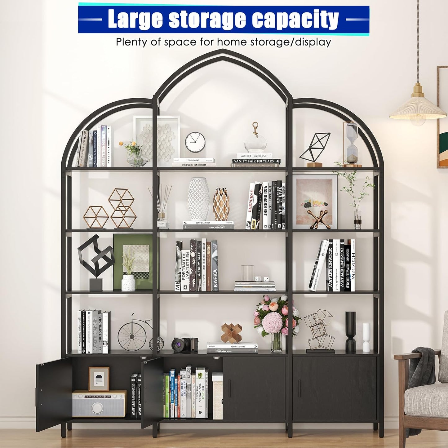 Triple Wide 5 Tier Tall Arched Bookshelf and Bookcase with 3 Cabinets, Industrial Metal Etagere Open Bookshelf, Wood Standing Book Shelf with Black Metal Frame for Bedroom Living Room