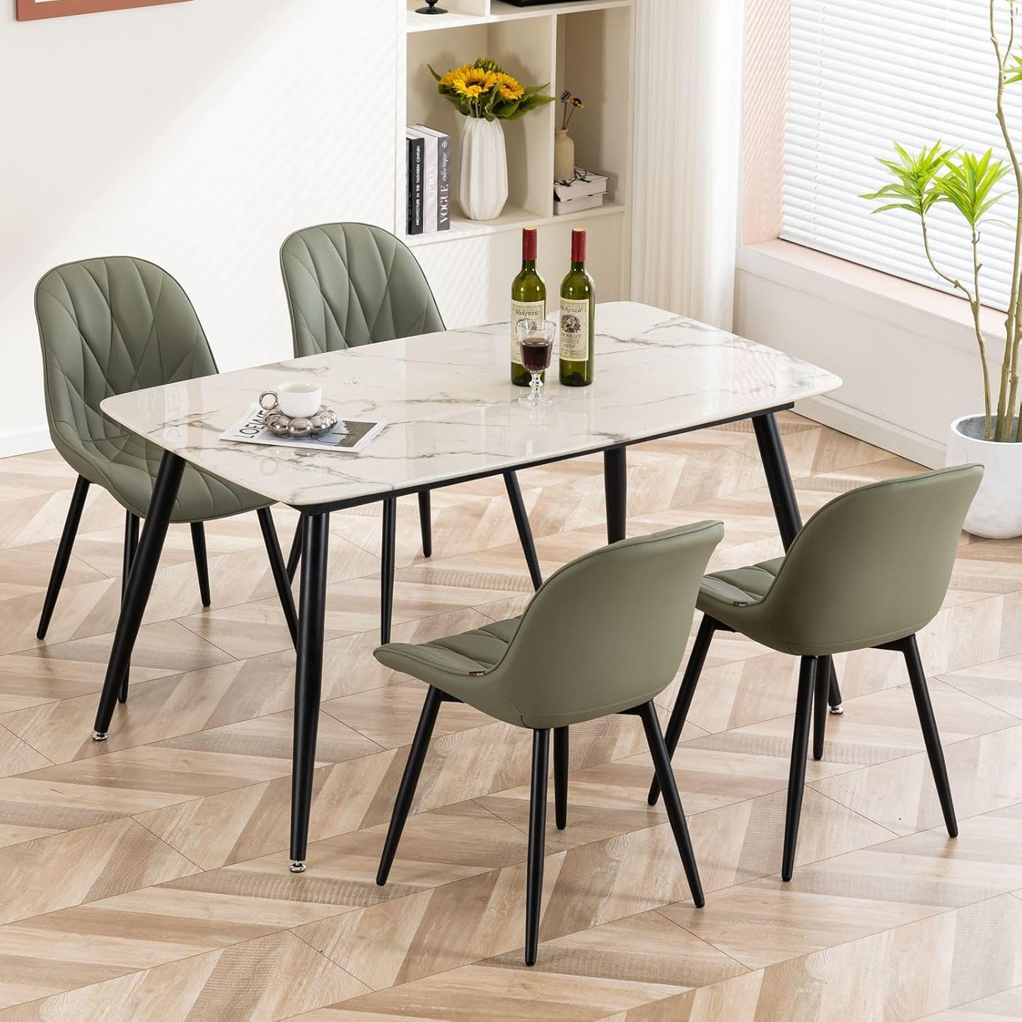 Rowill Dining Chairs Set of 2 - Upholstered Faux Leather Kitchen Chairs with Soft Cushion Backrest, Sturdy Metal Legs & Non-Slip Pads, Perfect Modern Design for Home Dining Room, Kitchen, Olive Green