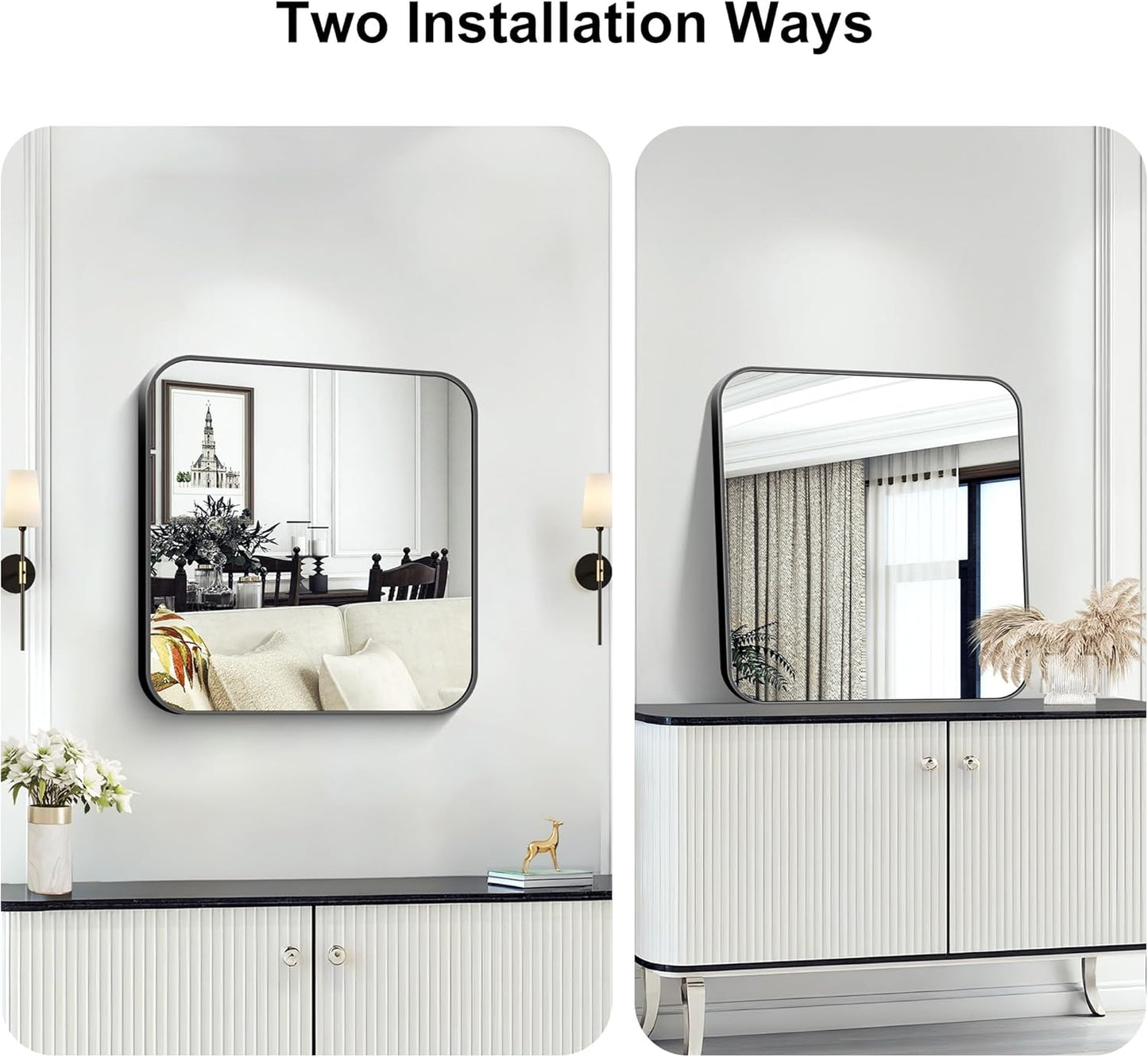 KOCUUY Square Bathroom Mirror, 24"x24" Black Rectangle Vanity Mirror, Black Metal Frame Mirror with Rounded Corner for Bathroom, Bedroom, Living Room, Entryway