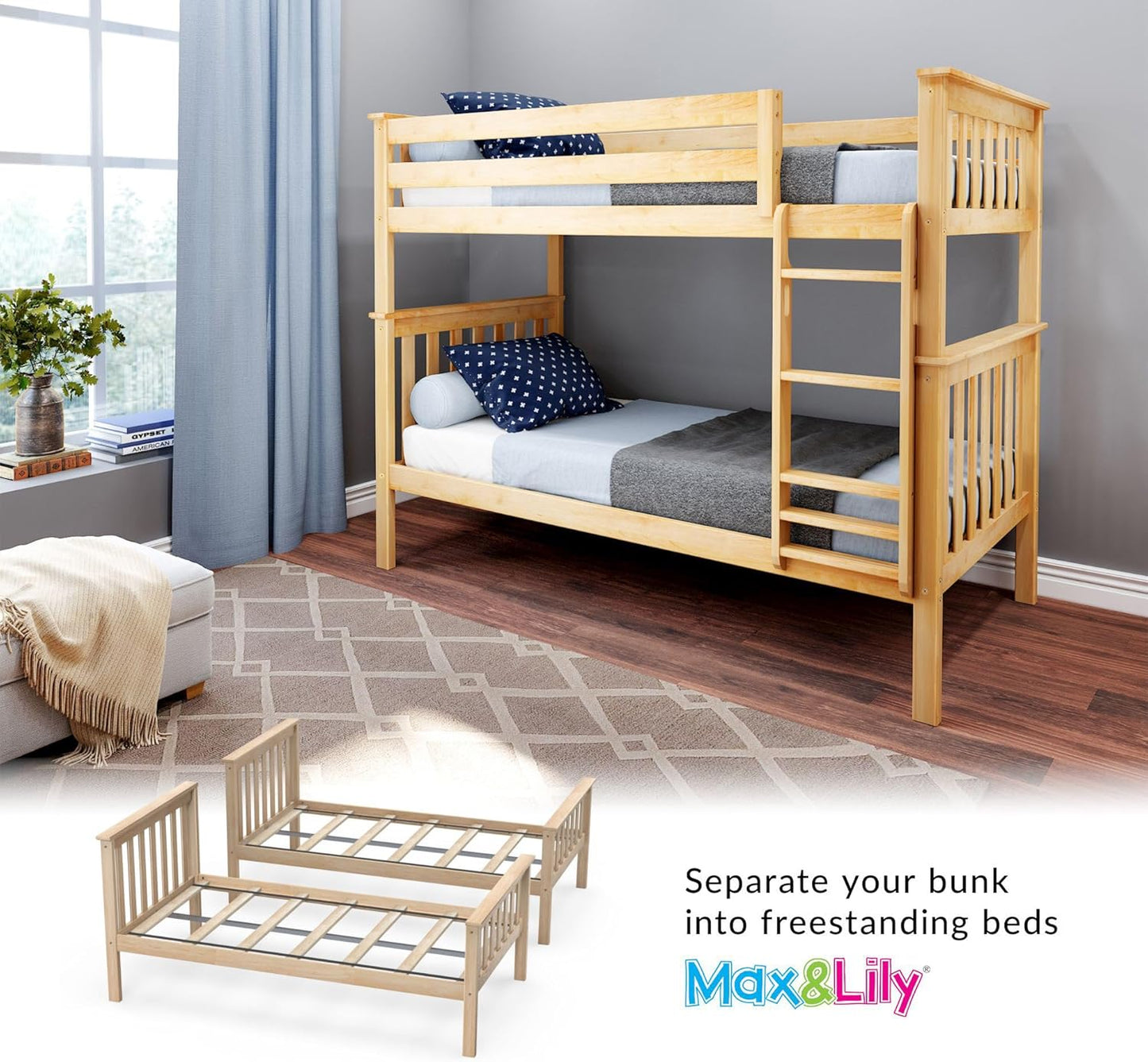 Max & Lily Bunk Bed Twin over Twin, Solid Wood Bunk Bed Frame with Ladder for Kids, 14" Safety Guardrails, Easy Assembly, No Box Spring Needed, Natural