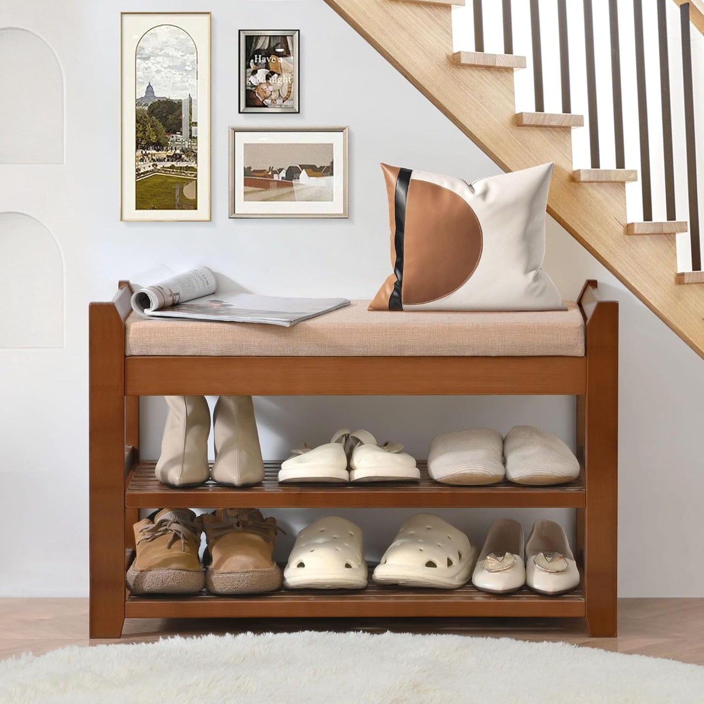 Shoe Rack Bench with Cushion, Shoe Rack for Front Door Entrance, Shoe Bench with Storage for Entryway Hallway Bedroom Living Room