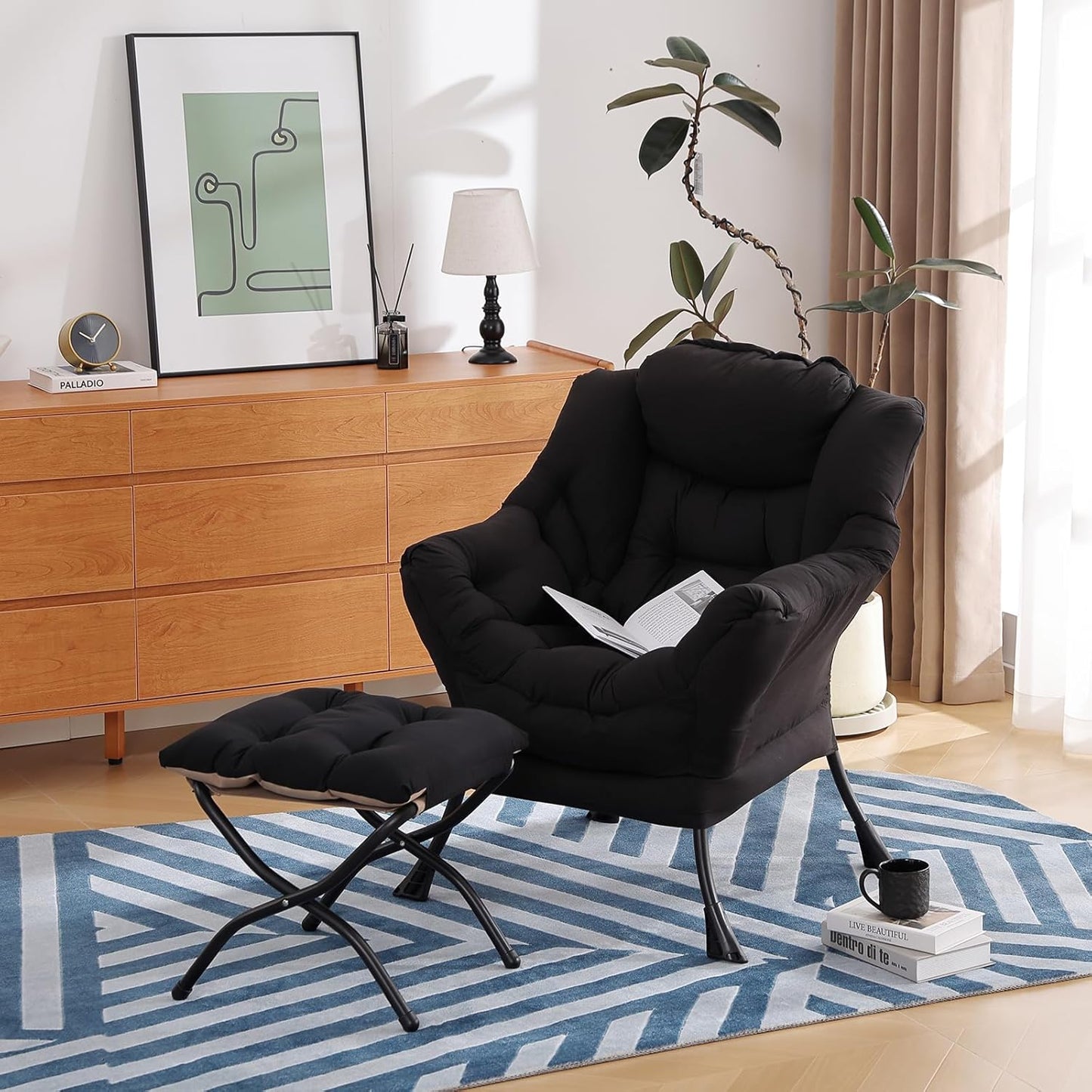 Modern Lazy Chair with Folding Footrest, Lounge Accent & Comfortable Reading Chair (Black)