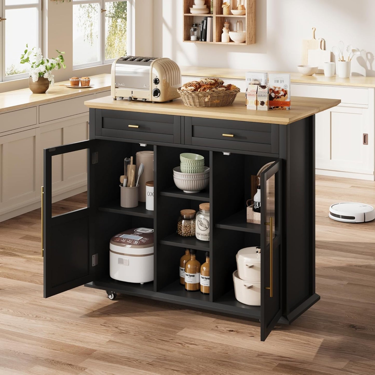 Mobile Modern Storage Island,Rolling Kitchen Island with Drop Leaf - Door Cabinet, Drawer, Bar Cart with Cabinet, Portable Cart Island Table for Kitchen, Black