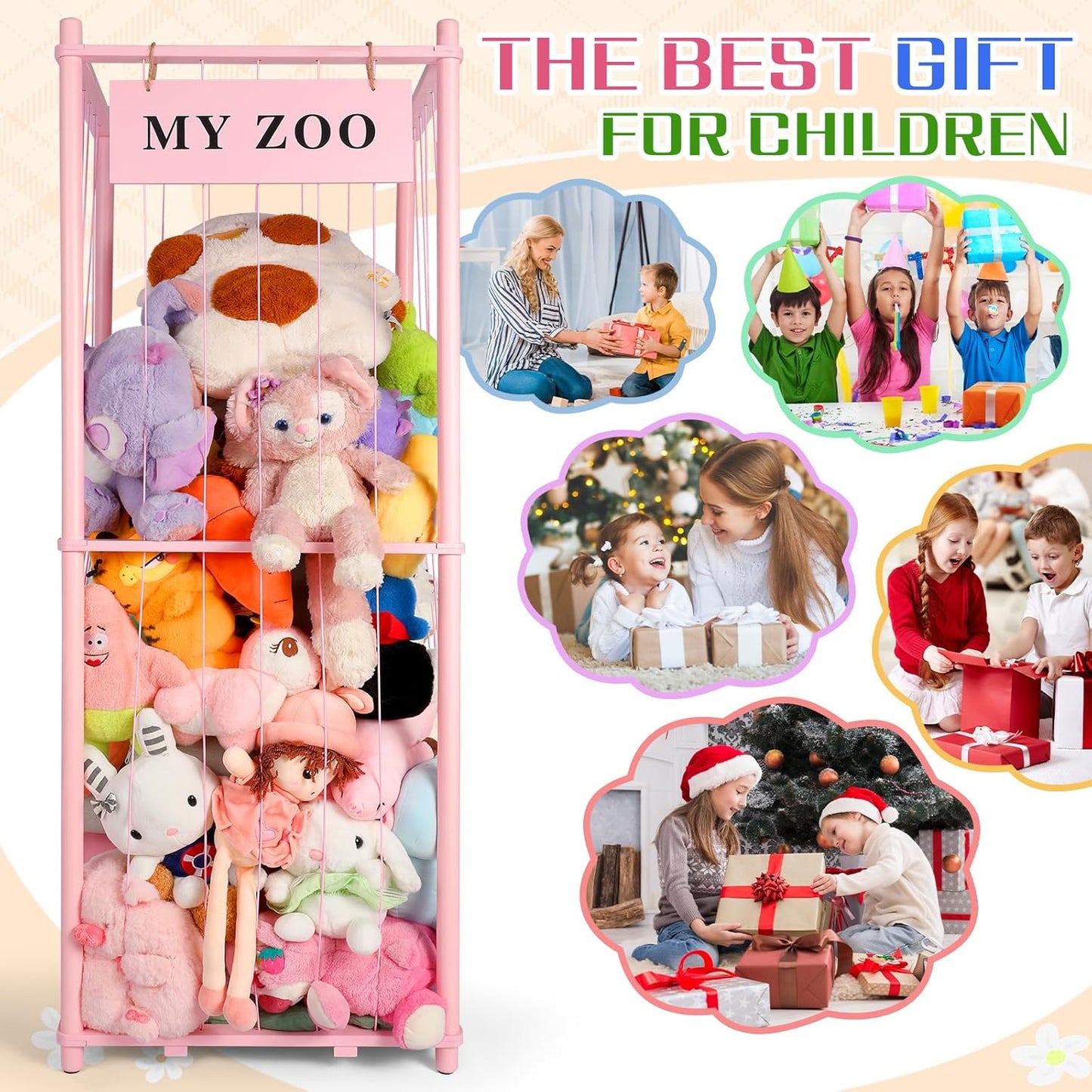 Stuffed Animal Storage Zoo, Wooden Stuffed Animal Organizer with Elastic Cords for Boys Girls, Space Saving Toy Plushies Storage Holder for Playroom, Bedroom, Living Room (Pink, Large)