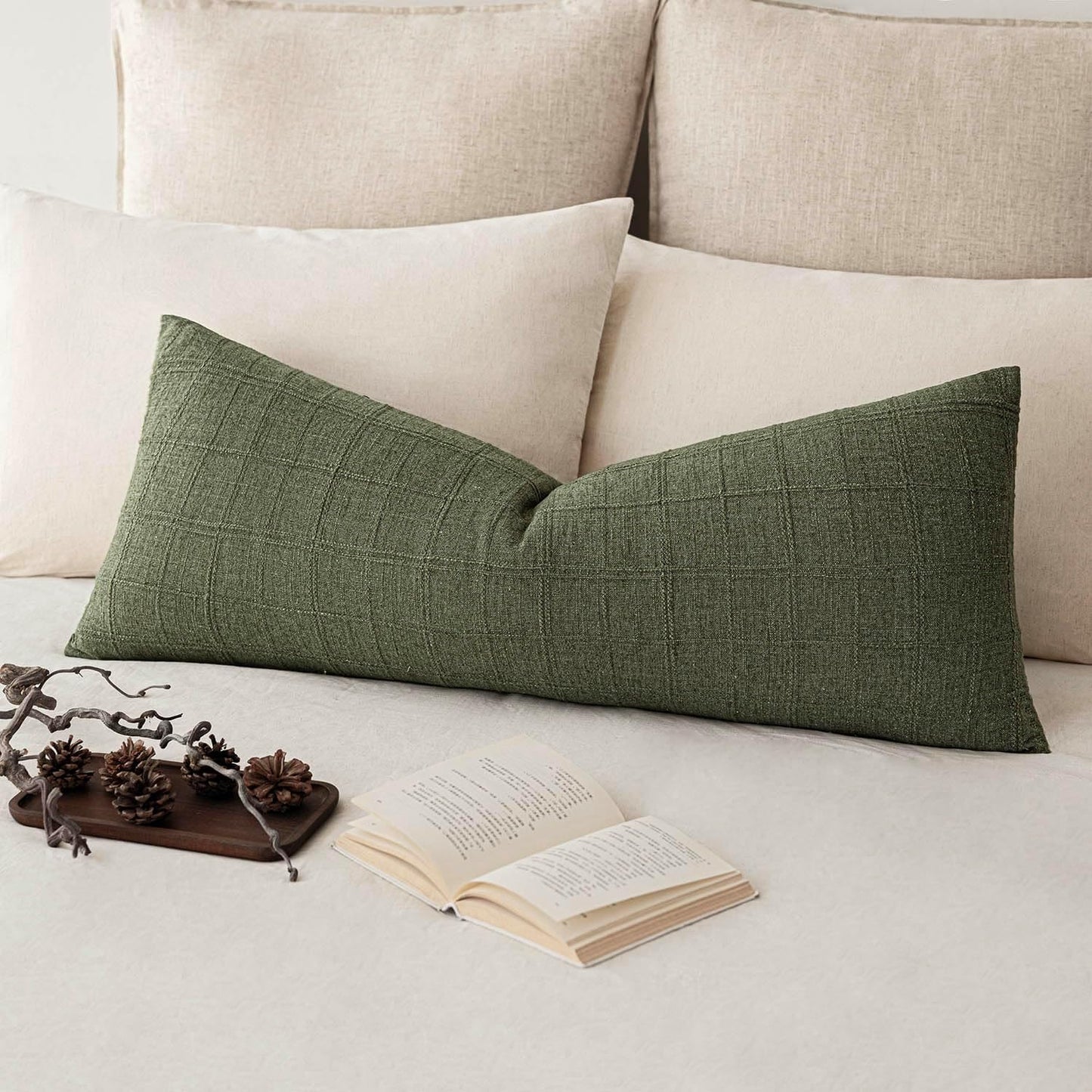 Foindtower Set of 2 Decorative Linen Check Throw Pillow Covers Neutral Long Body Lumbar Cushion Covers Farmhouse Vintage Boho Home Decor For Sofa Chair Couch Bedroom Living Room,14×36 Inch,Olive Green