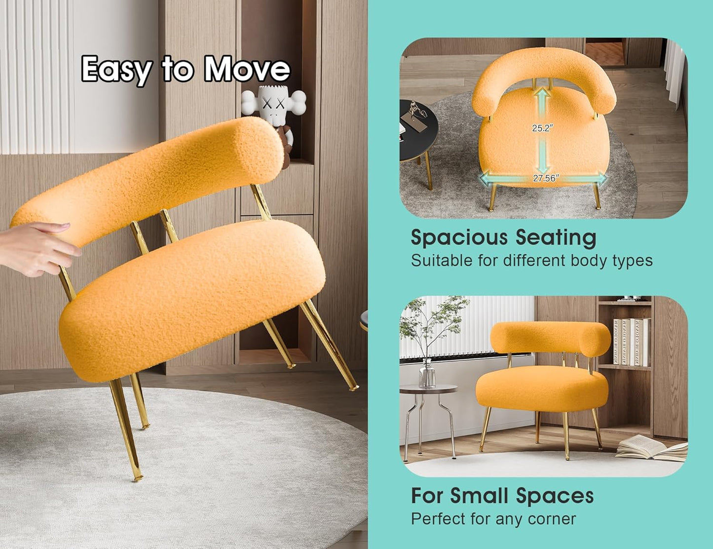 Mid Century Sherpa Boucle Accent Chair, Round Upholstered Barrel Arm Chair for Small Spaces, Fluffy Side Corner Sofa Chair for Living Room, Bedroom, Vanity, Office, Reading Nook(Yellow)