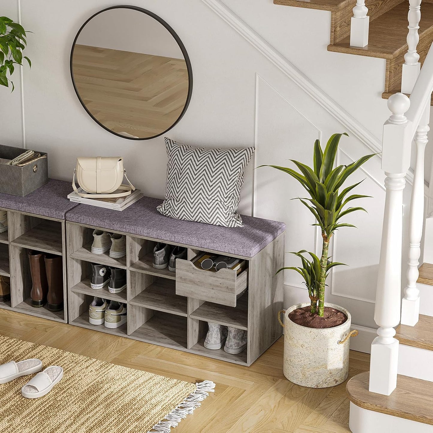 DINZI LVJ Shoe Bench, Entryway Storage Bench with Drawer and 8 Cubbies, Cubby Shoe Rack with Adjustable Shelves, Shoe Organizer Cabinet for Living Room, Bedroom, Mudroom, Closet and Garage, Grey Wash