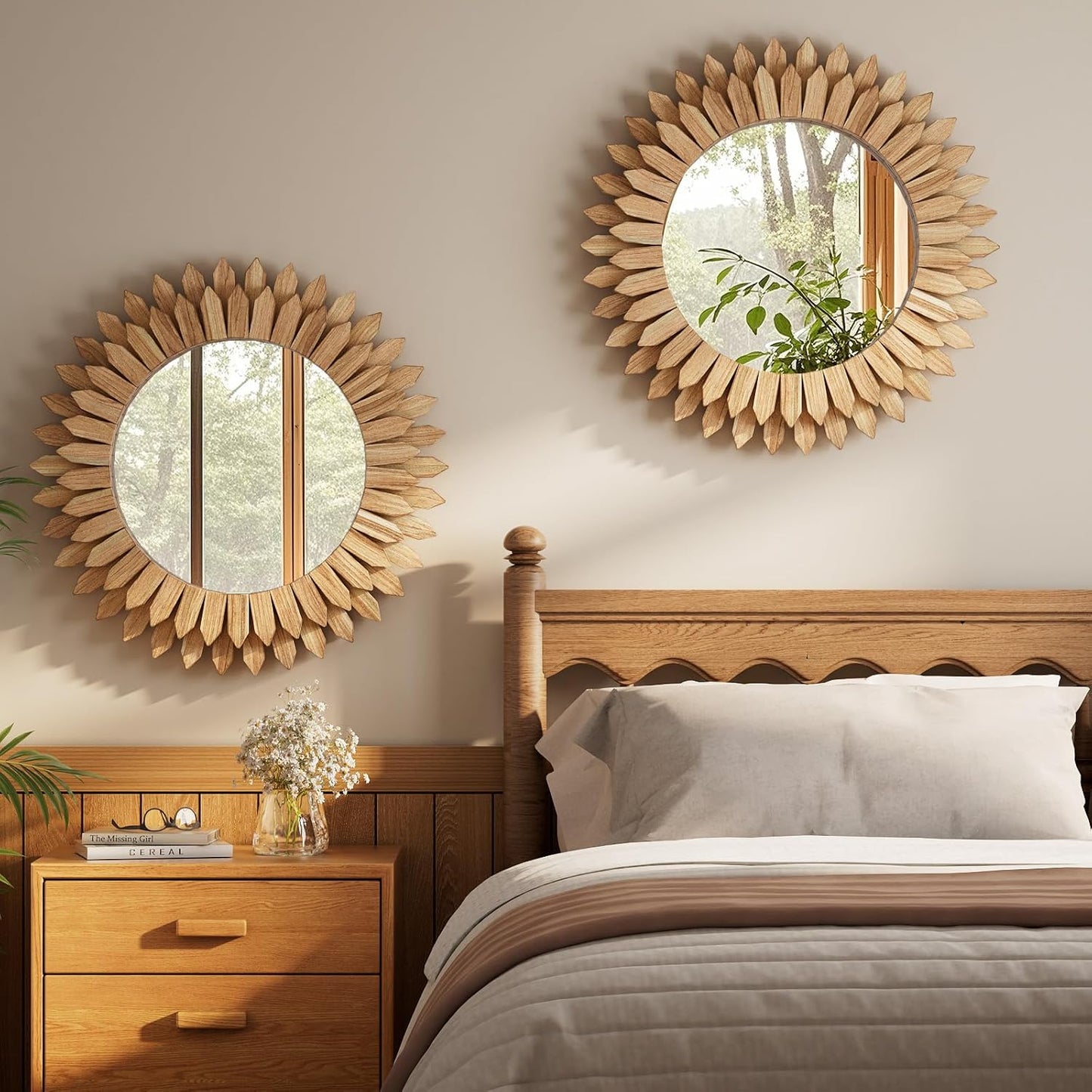 24 Inch Brown Boho Wall Decor Sunburst Mirror - Round Wooden Wall Decor, Handmade Rustic Circular Mirror for Living Room, Bedroom, Entryway, Office