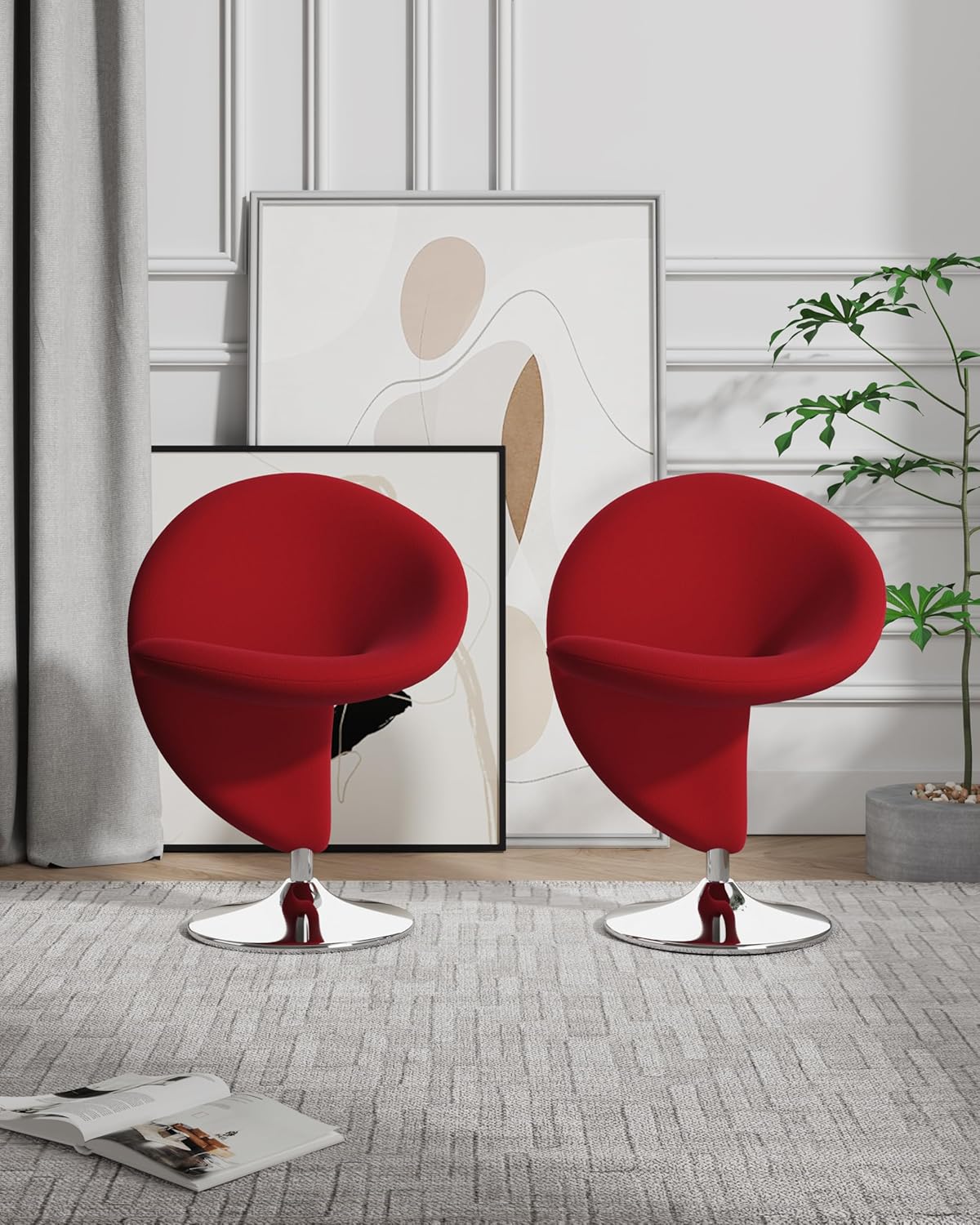 Manhattan Comfort Curl Swivel Accent Chair Set of 1 with 360° Turn, Fully Assembled, Upholstered in Wool Blend, Modern Ergonomic Design with Polished Chrome Base, Set of 1, Red