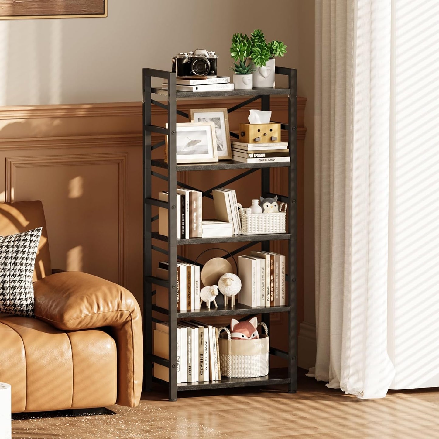 Homeiju Organization and Storage,Tall Bookcase with Shelves, Wood and Metal Book Shelf Storage Organizer, Industrial Display Standing Shelf Unit for Bedroom, Living Room, Black