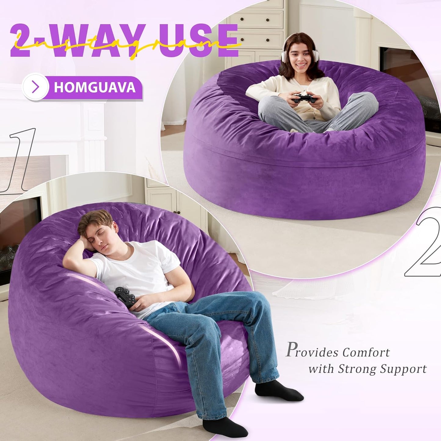 Homguava 5 FT Bean Bag Chair: 5' Bean Bags with Memory Foam Filled, Large Beanbag Chairs Soft Sofa with Dutch Velvet Cover-Purple