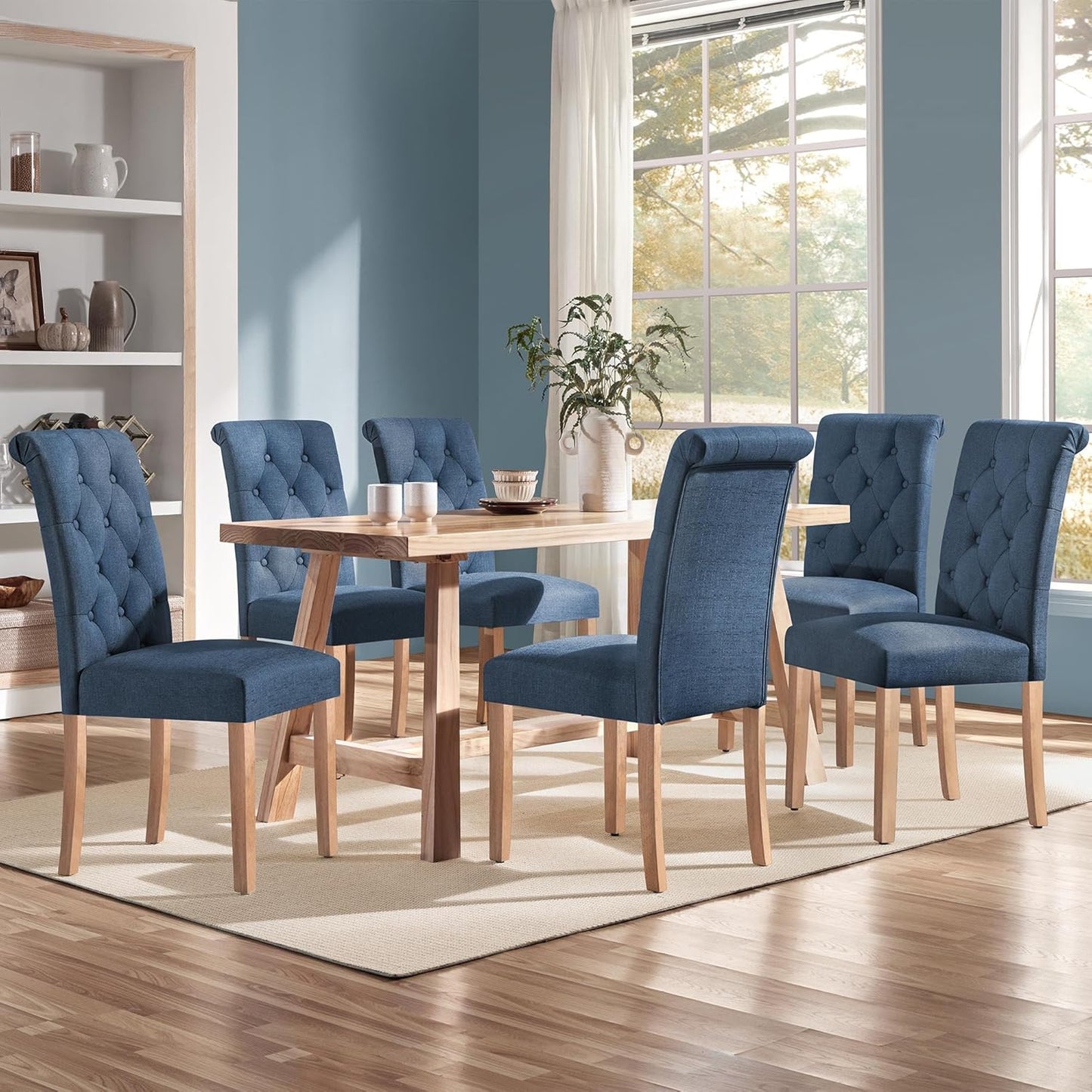 Yaheetech Dining Chairs Set of 6 Fabric Upholstered Dining Room Chairs with Button Tufted High Back and Solid Wood Legs for Kitchen/Living Room/Restaurant, Modern Style, Blue