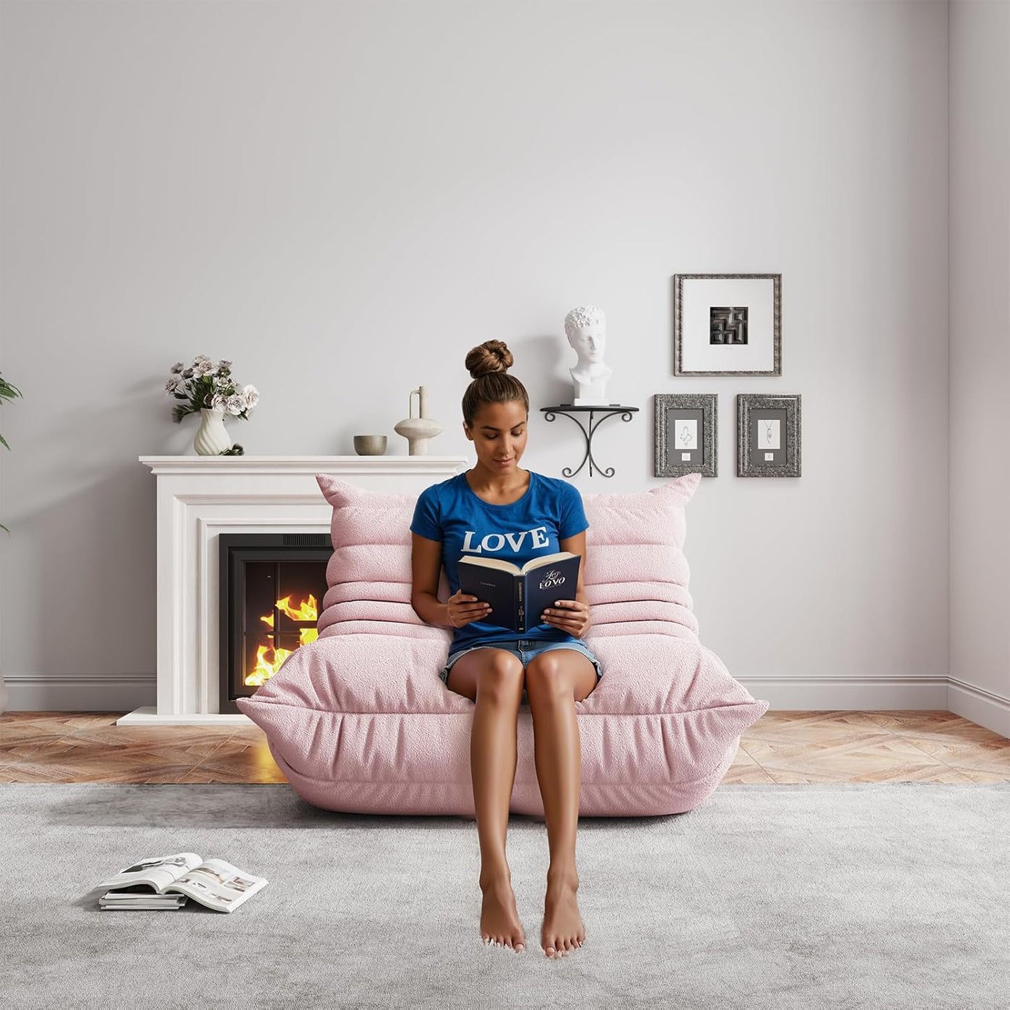 Bean Bag Chairs for Adults, BeanBag Reading Chair Memory Foam Couch, Floor Chair Soft Teddy Material, Comfy Reading Nook Chairs for Bedroom Living Room Office (Pink)