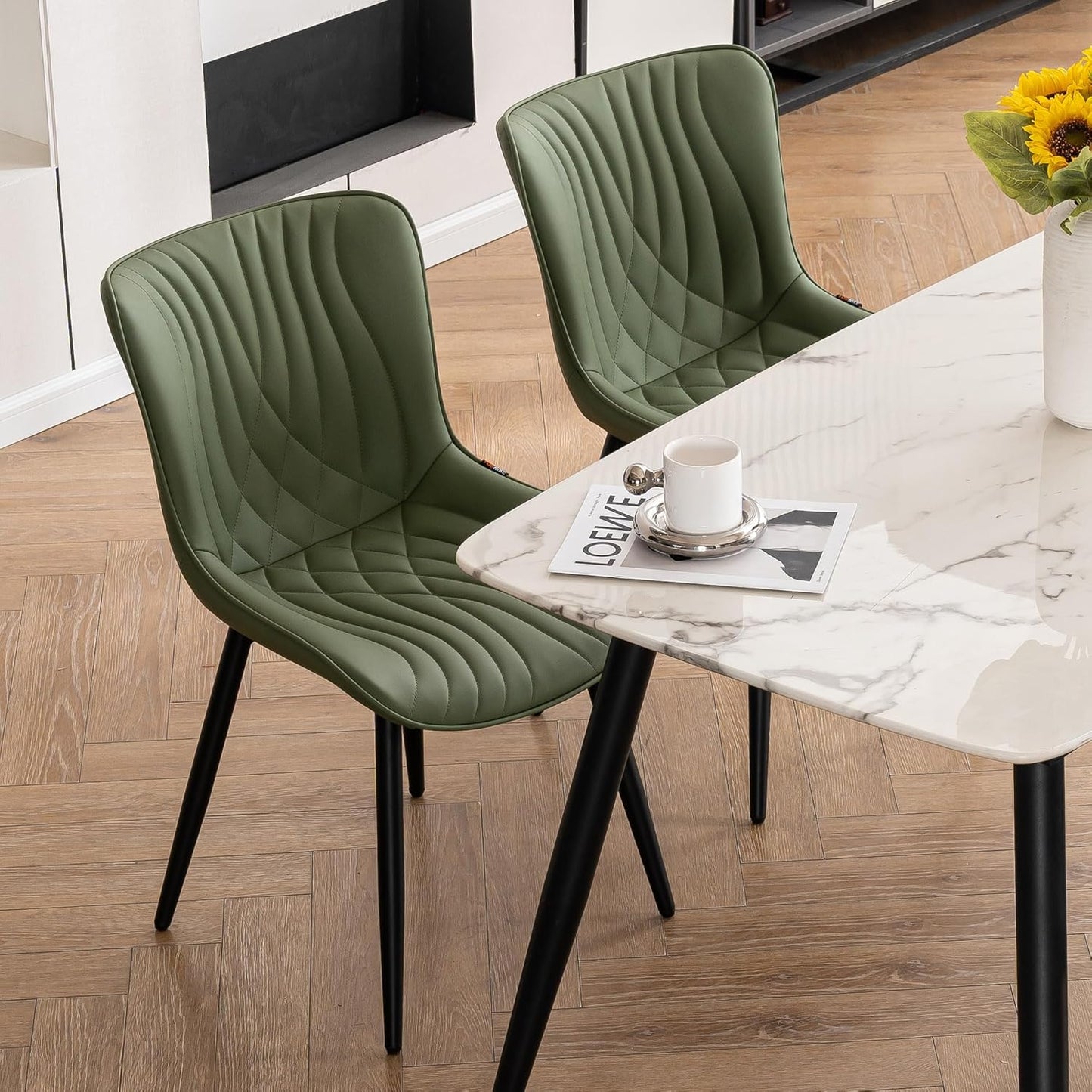 YOUTASTE Dining Chairs Set of 2 Upholstered Mid Century Modern Kitchen & Dining Room Chairs Armless Faux Leather Accent Chair with Padded Back Metal Legs for Bedroom Vanity Lounge, Olive Green