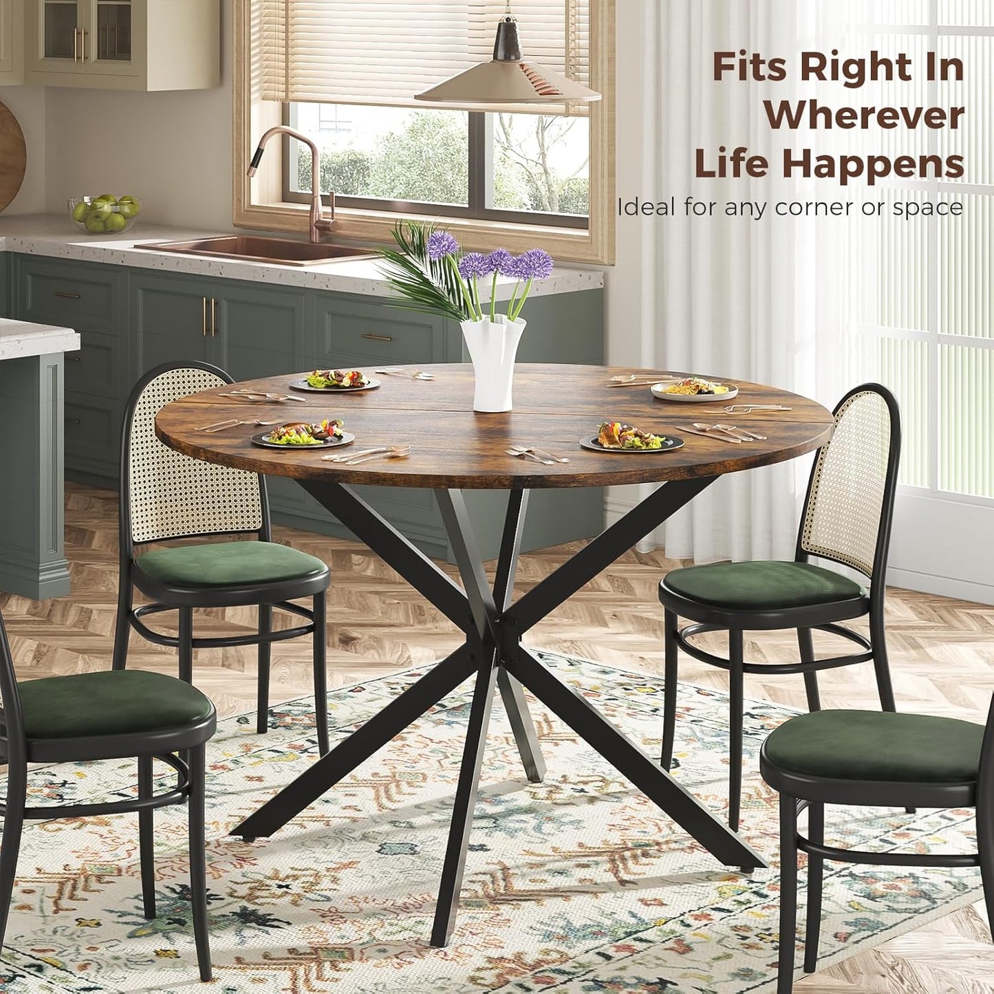 Unovivy 47" Round Dining Table for 4-6, Space Saving Circle Kitchen Dinner Table, Industrial Mid Century Modern Dining Room Desk for Kitchen, Apartment, Rustic Brown