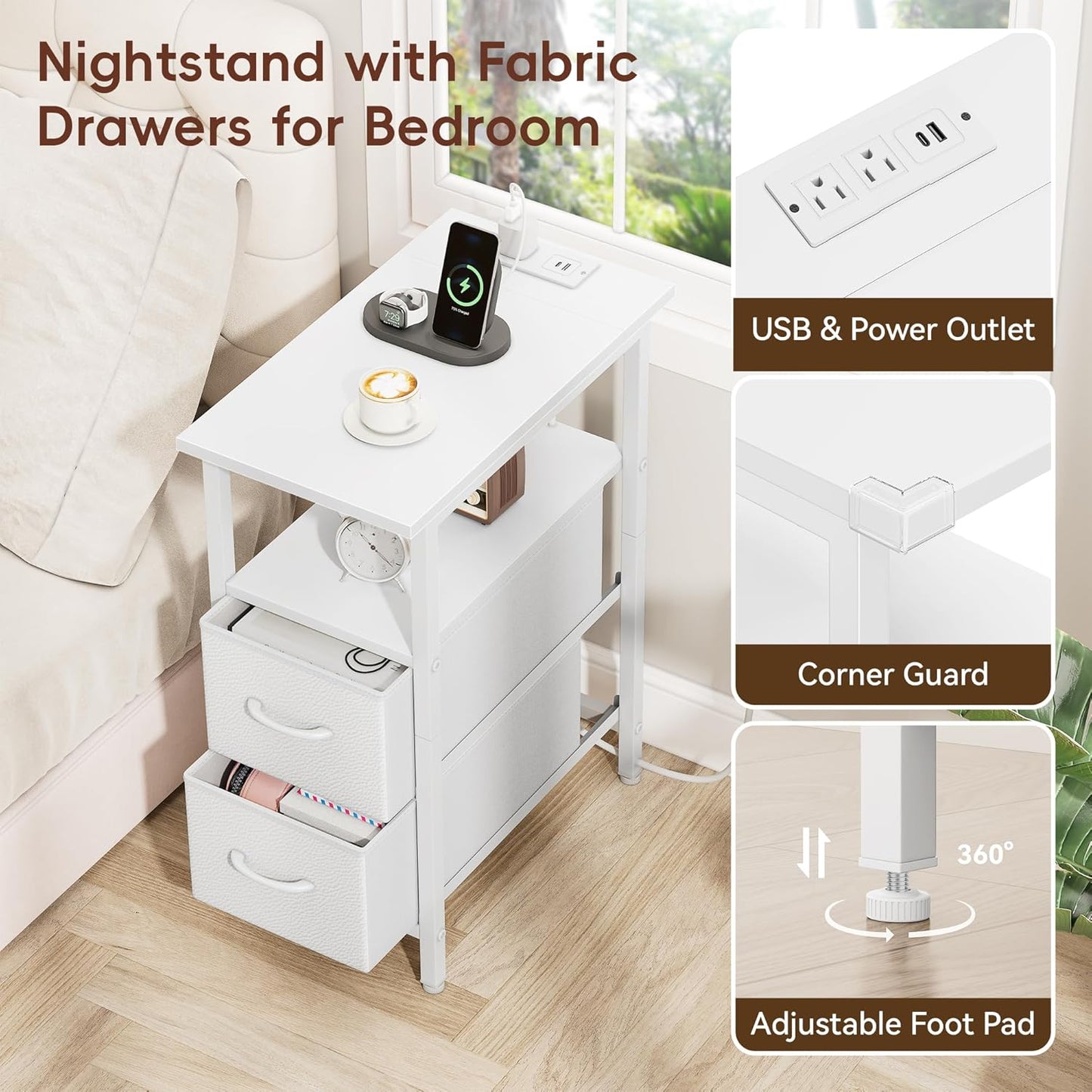 Vagusicc White Nightstand with Charging Station and LED Lights, Narrow Side Table, LED Night Stand with 2 Fabric Drawers, Bedside Table with USB Ports and Outlets, Tall Nightstand for Bedroom, White