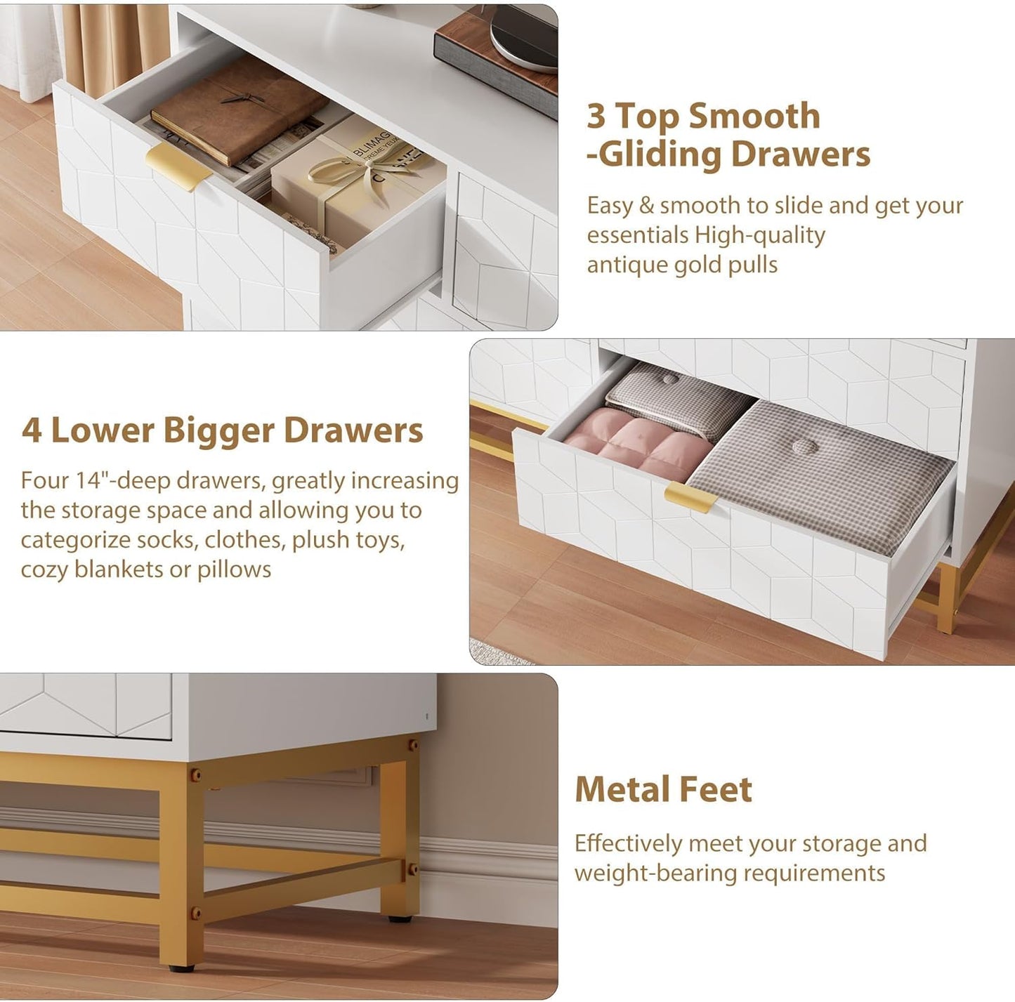 Dresser for Bedroom, 53.5" Wide Dresser Organizer, 7 Drawer with Golden Metal Handle and Legs, Modern Chest of Drawers for Closet, Hallway, Living Room, Entryway, White