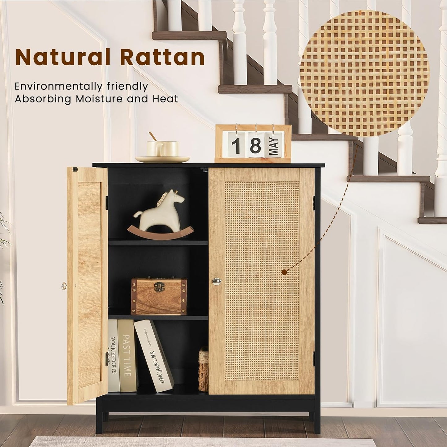 Iwell Storage Cabinet with Rattan Doors, Bathroom Storage Cabinet with Adjustable Shelf, Floor Cabinet for Living Room, Entryway, Kitchen, Home Office, Black