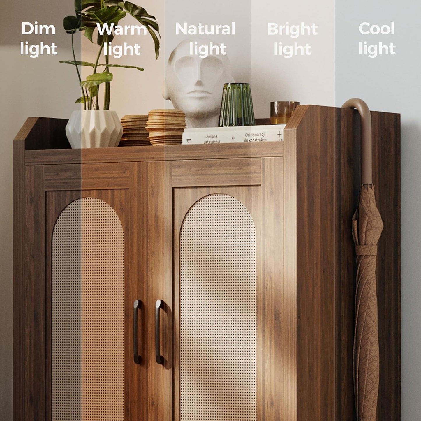 Shoe Cabinet Storage for Entryway, Natural Rattan Storage Cabinet, Wooden Shoe Rack, Farmhouse Boho Wood Shoe Organizer Cabinet for Hallway Walnut